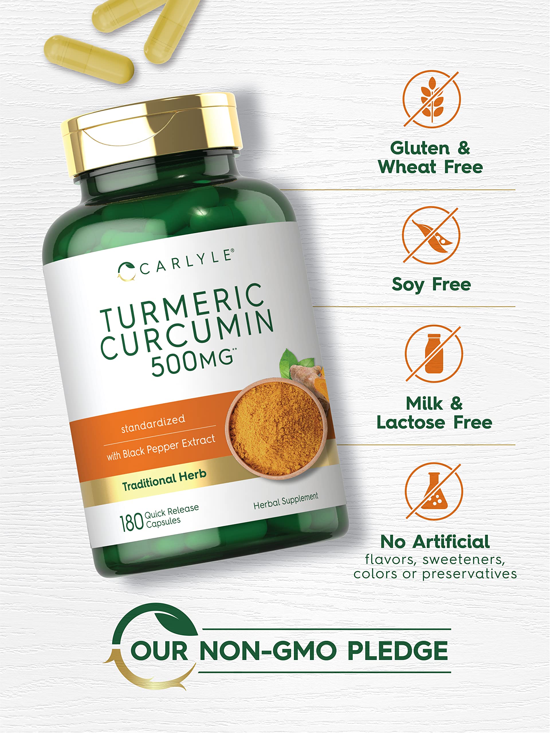 Carlyle Turmeric Curcumin capsules laid out for easy daily dosing