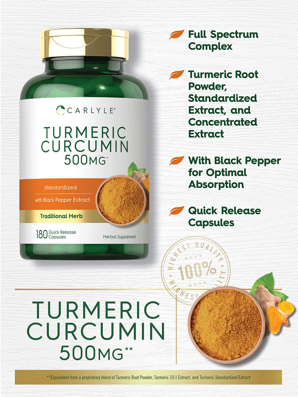 Carlyle Turmeric Curcumin ingredients label highlighting standardized turmeric and black pepper extract