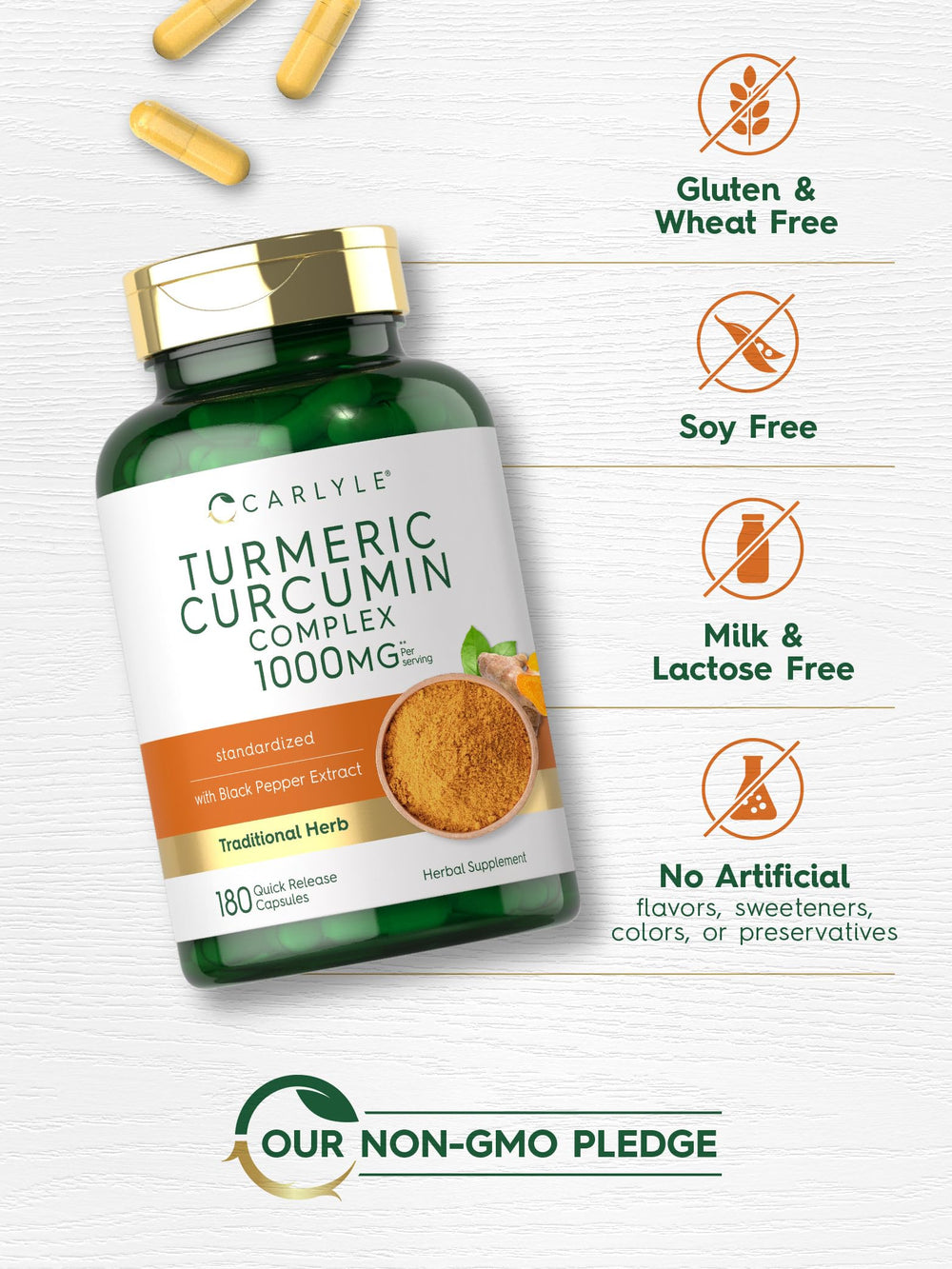 Carlyle Turmeric Curcumin on a shelf emphasizes non-GMO and gluten-free qualities.