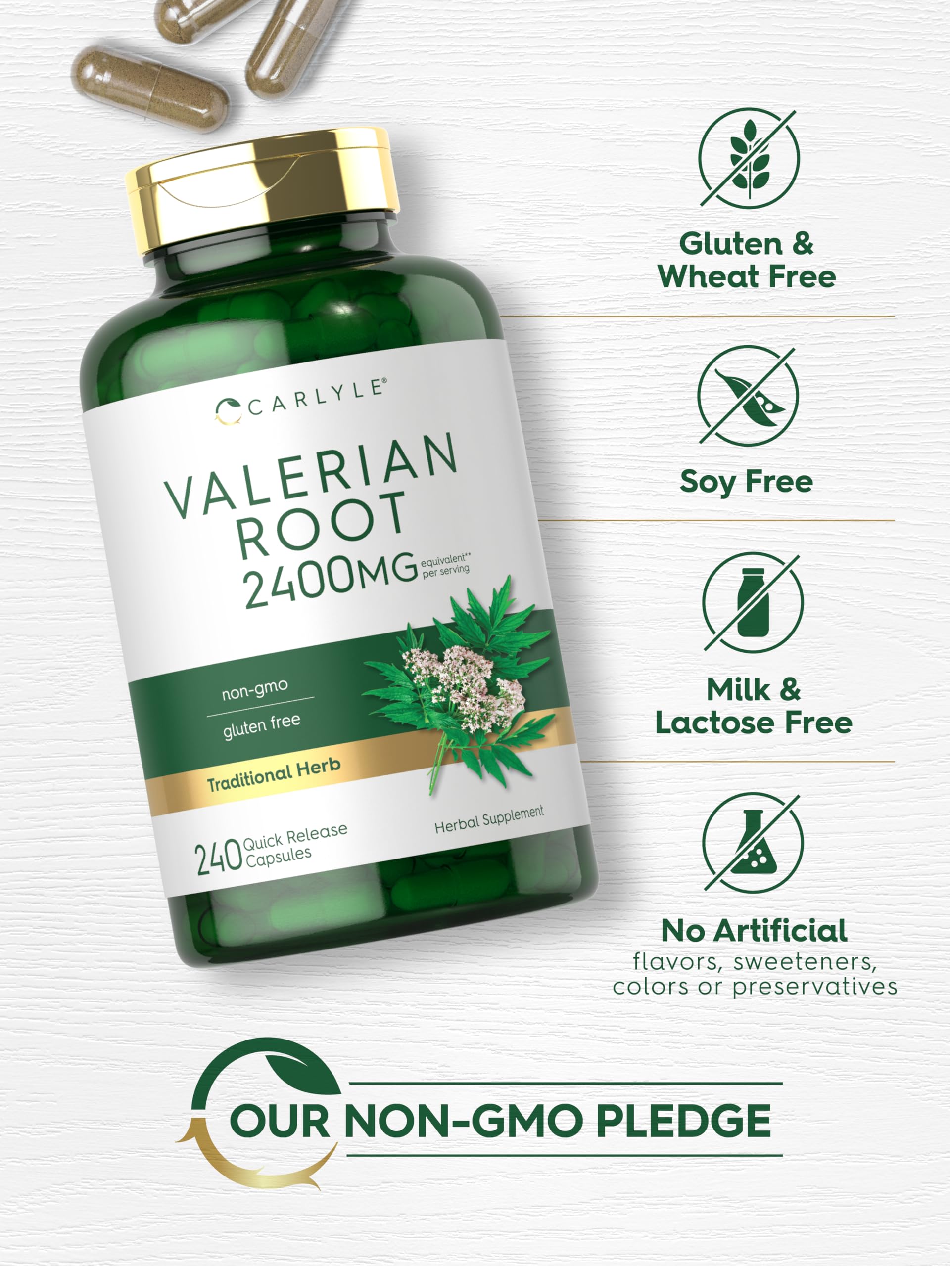 Carlyle Valerian Root Capsules glass bottle on a clean surface