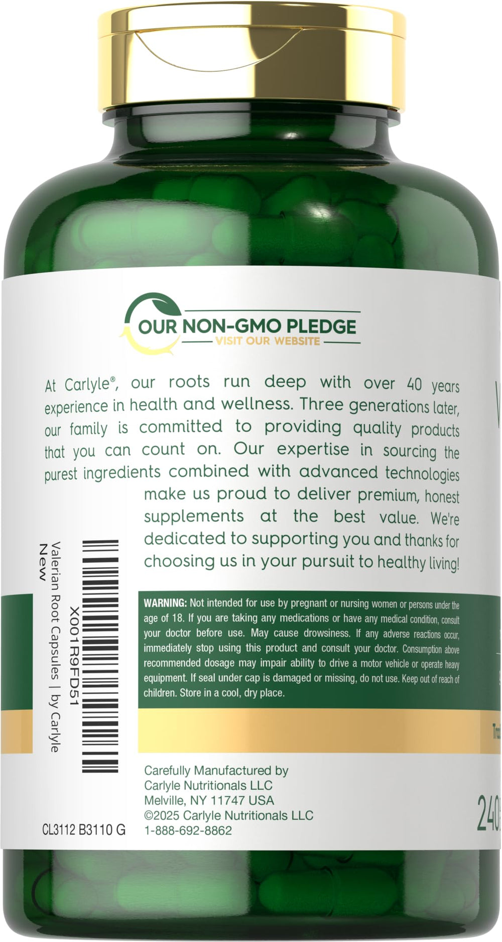Carlyle Valerian Root Capsules label detail shows ingredients and quality