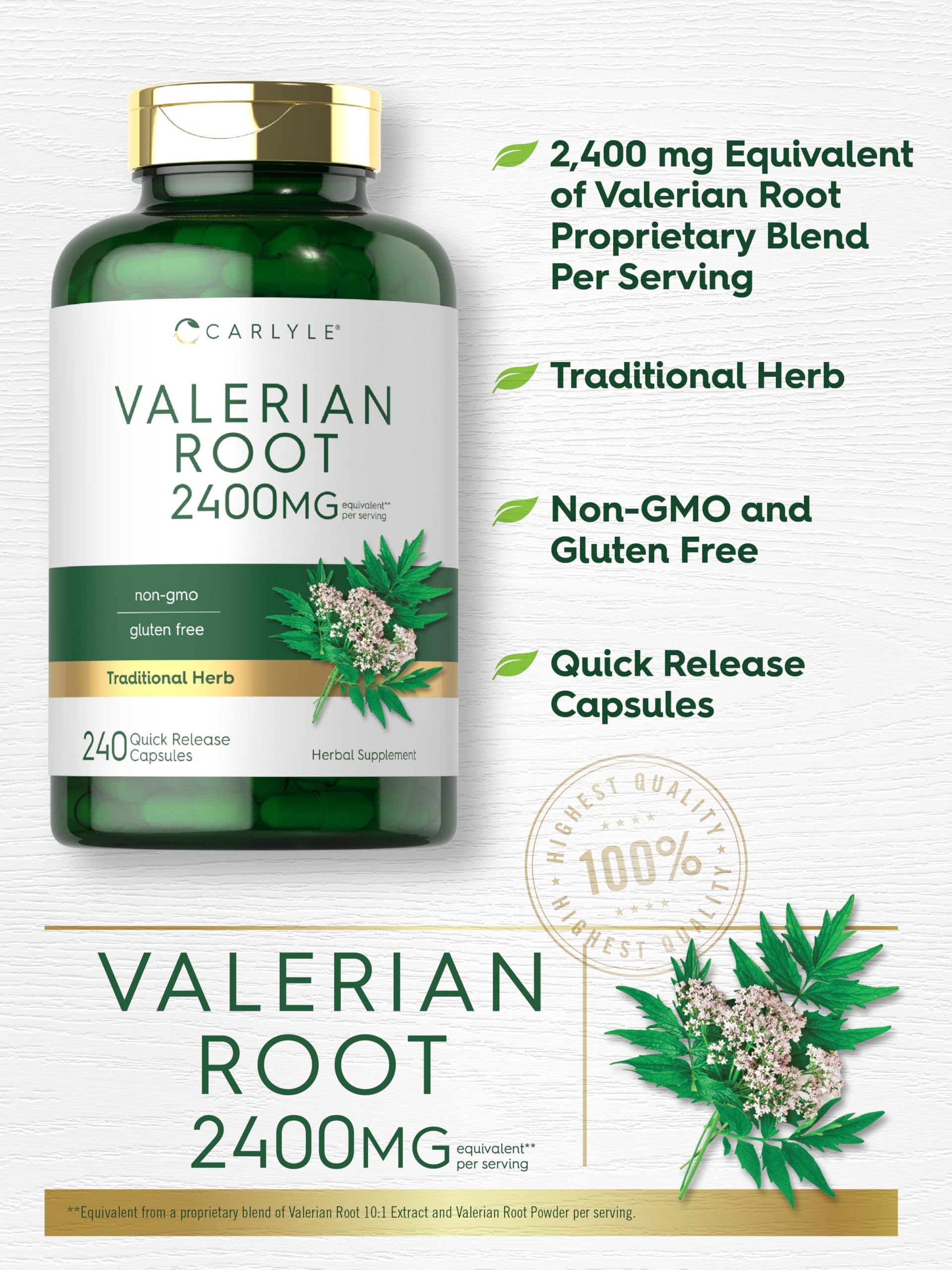 Carlyle Valerian Root Capsules packaging display highlighting gluten-free, Non-GMO