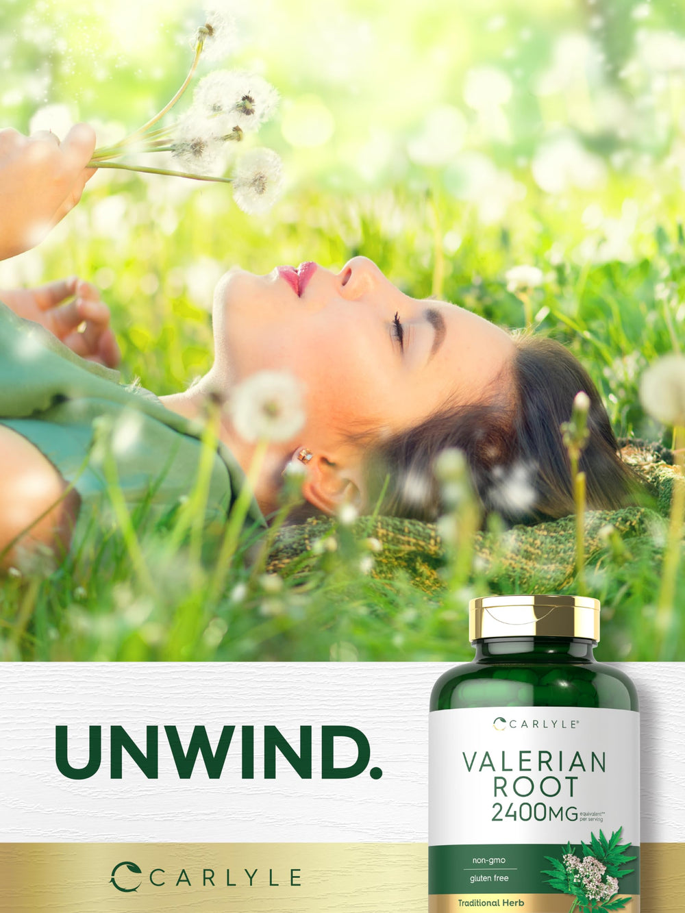 Carlyle Valerian Root Capsules pill visuals emphasize simple capsule form