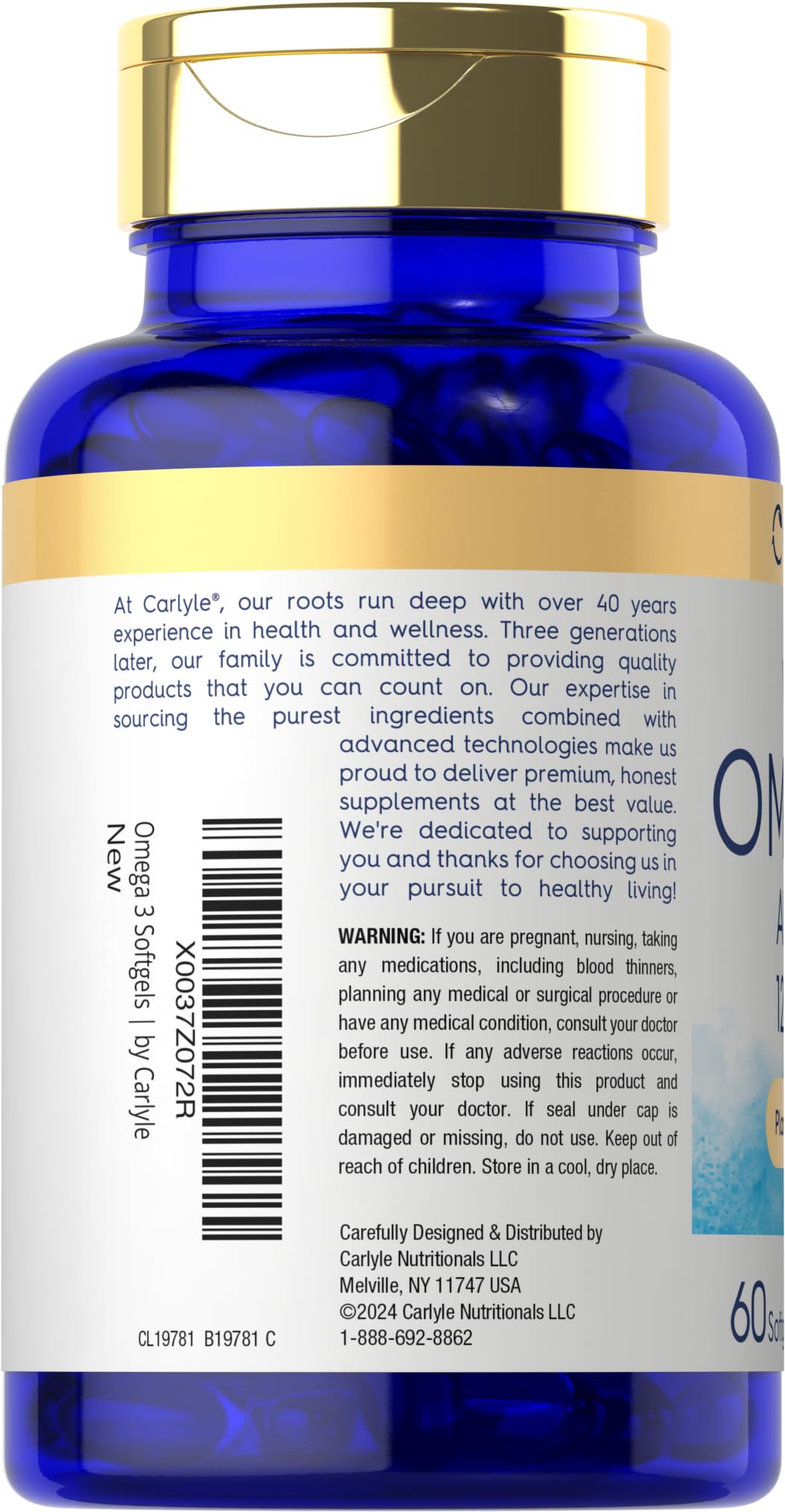 Carlyle label shows gluten-free non-GMO omega-3 formulation for mindful sourcing