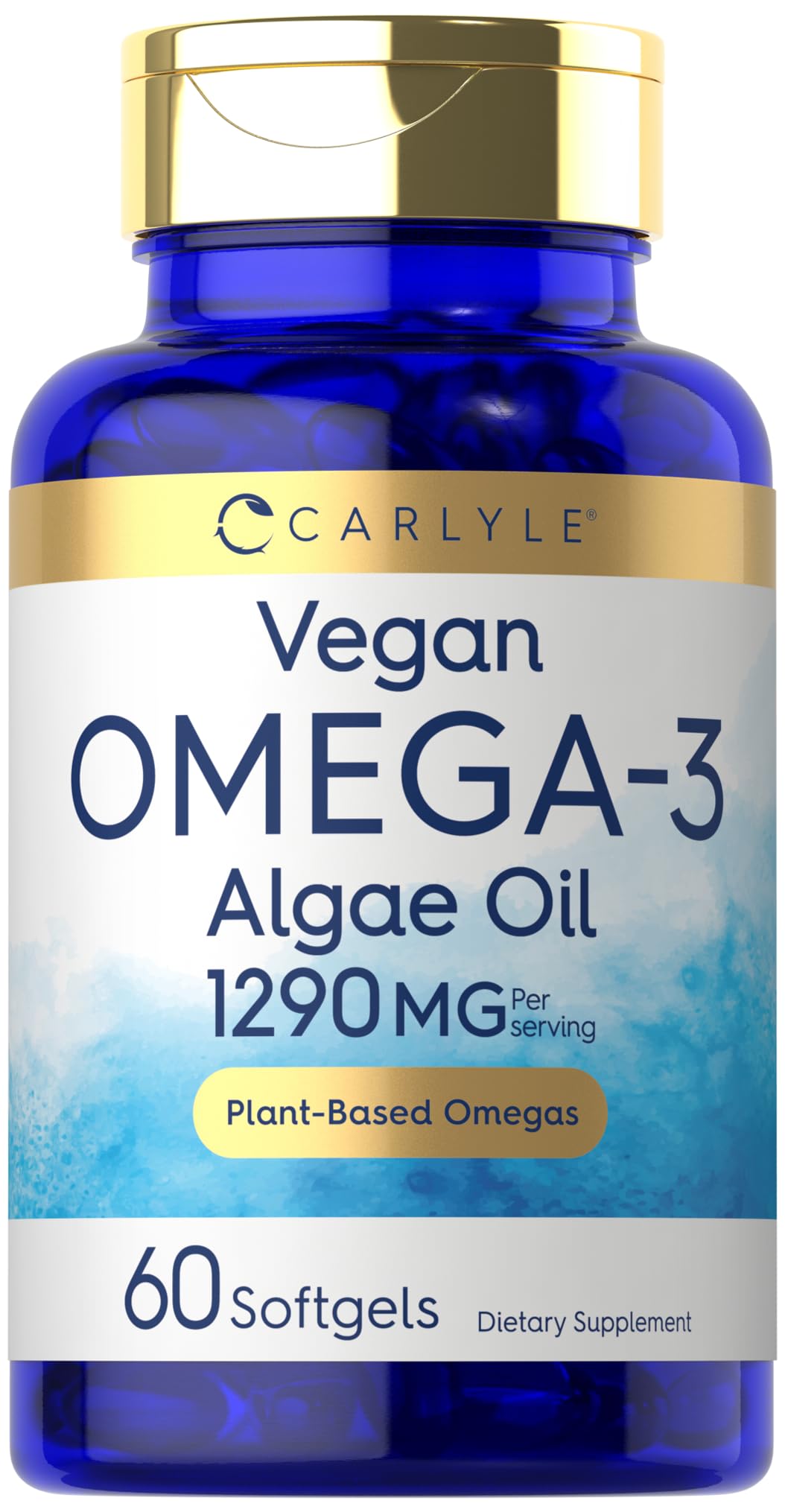 Carlyle vegan omega-3 softgel bottle highlighting algae-based DHA for plant-based wellness