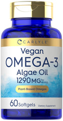 Carlyle vegan omega-3 softgel bottle highlighting algae-based DHA for plant-based wellness