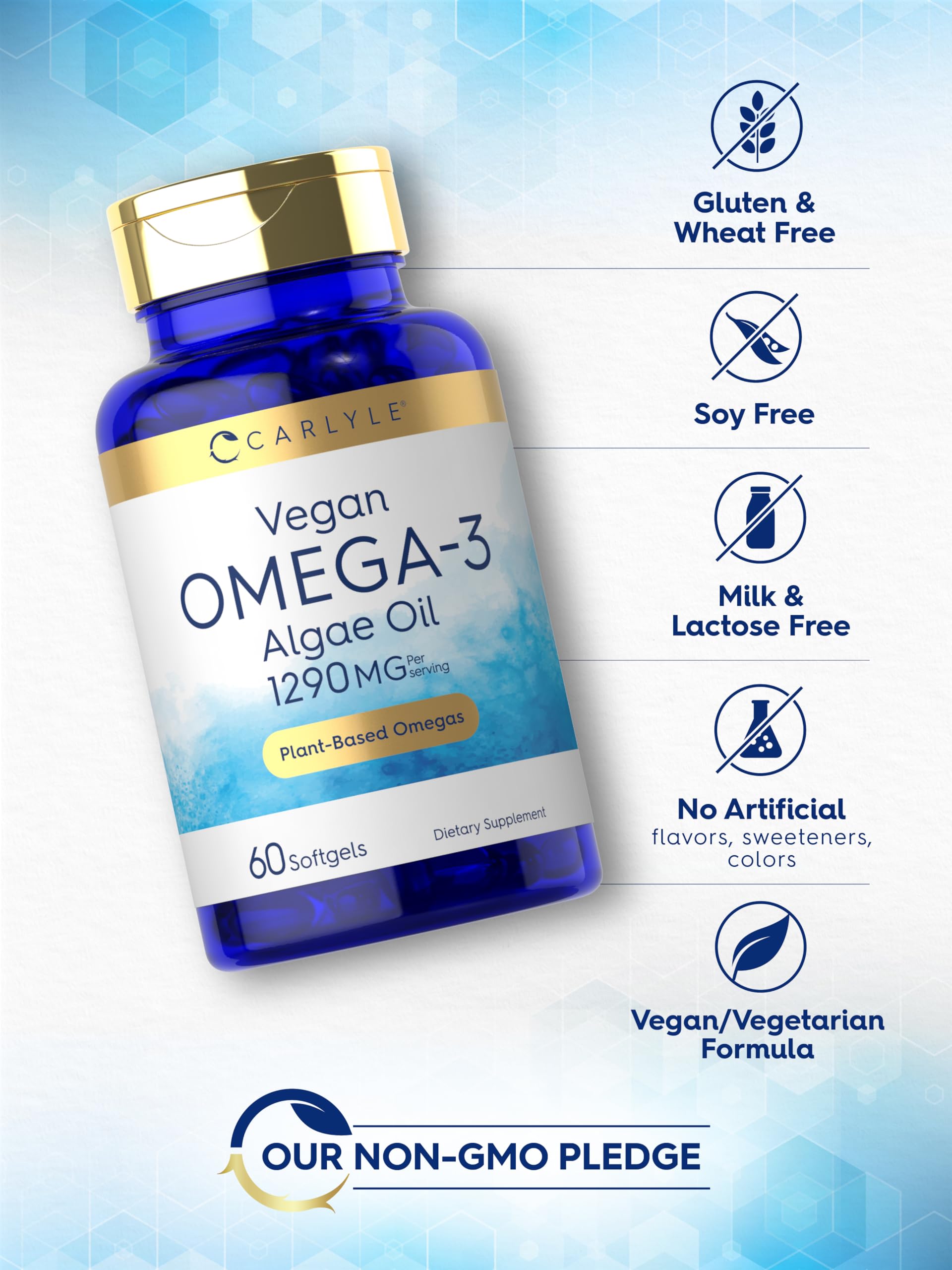 Close-up of Carlyle vegan omega-3 softgel capsule, smooth and easy-to-swallow