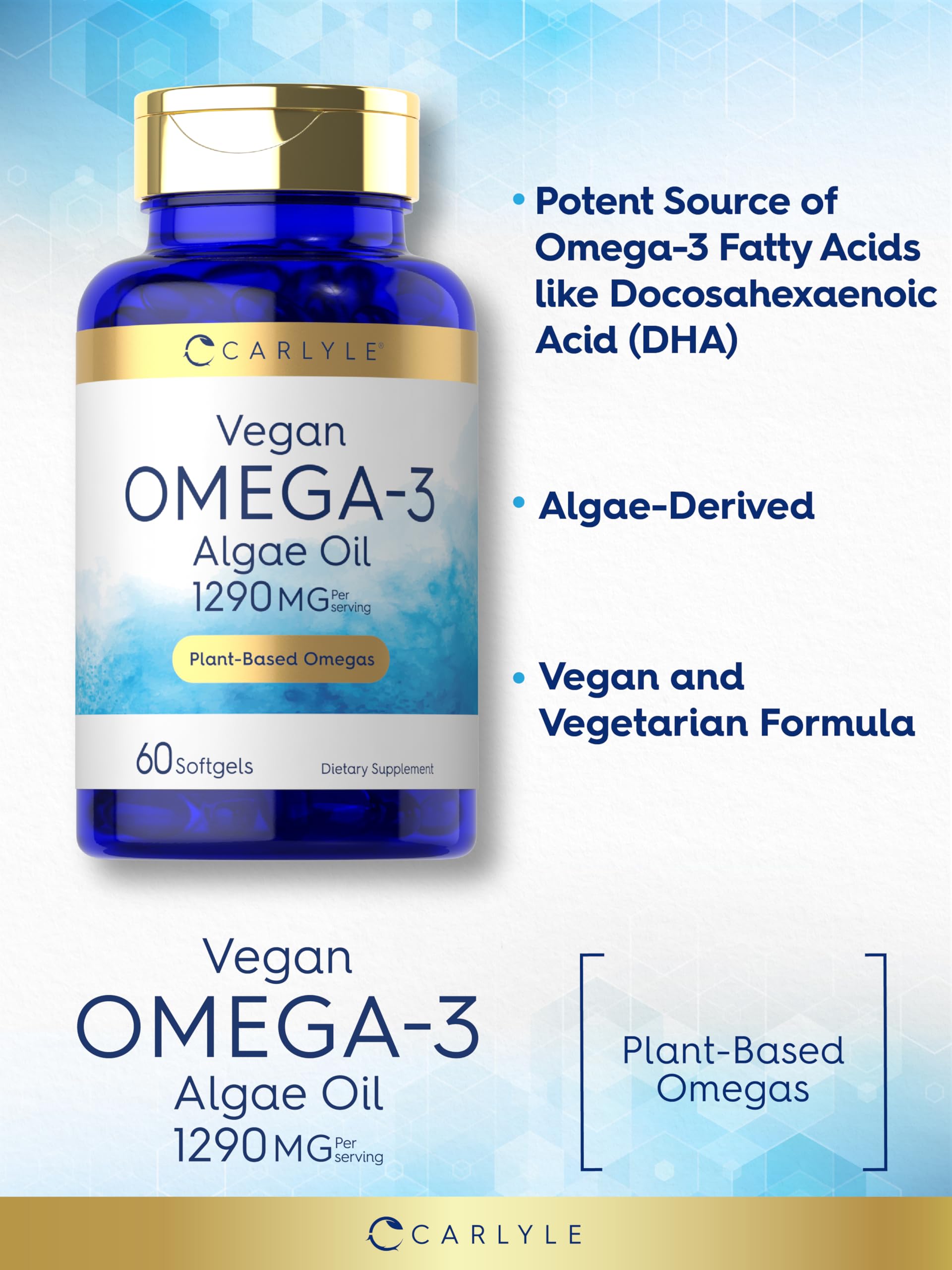 Close-up of Carlyle omega-3 softgels being poured from bottle