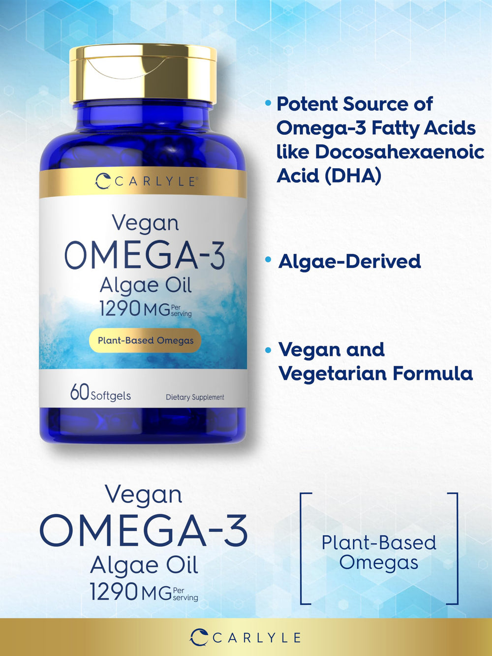 Close-up of Carlyle omega-3 softgels being poured from bottle