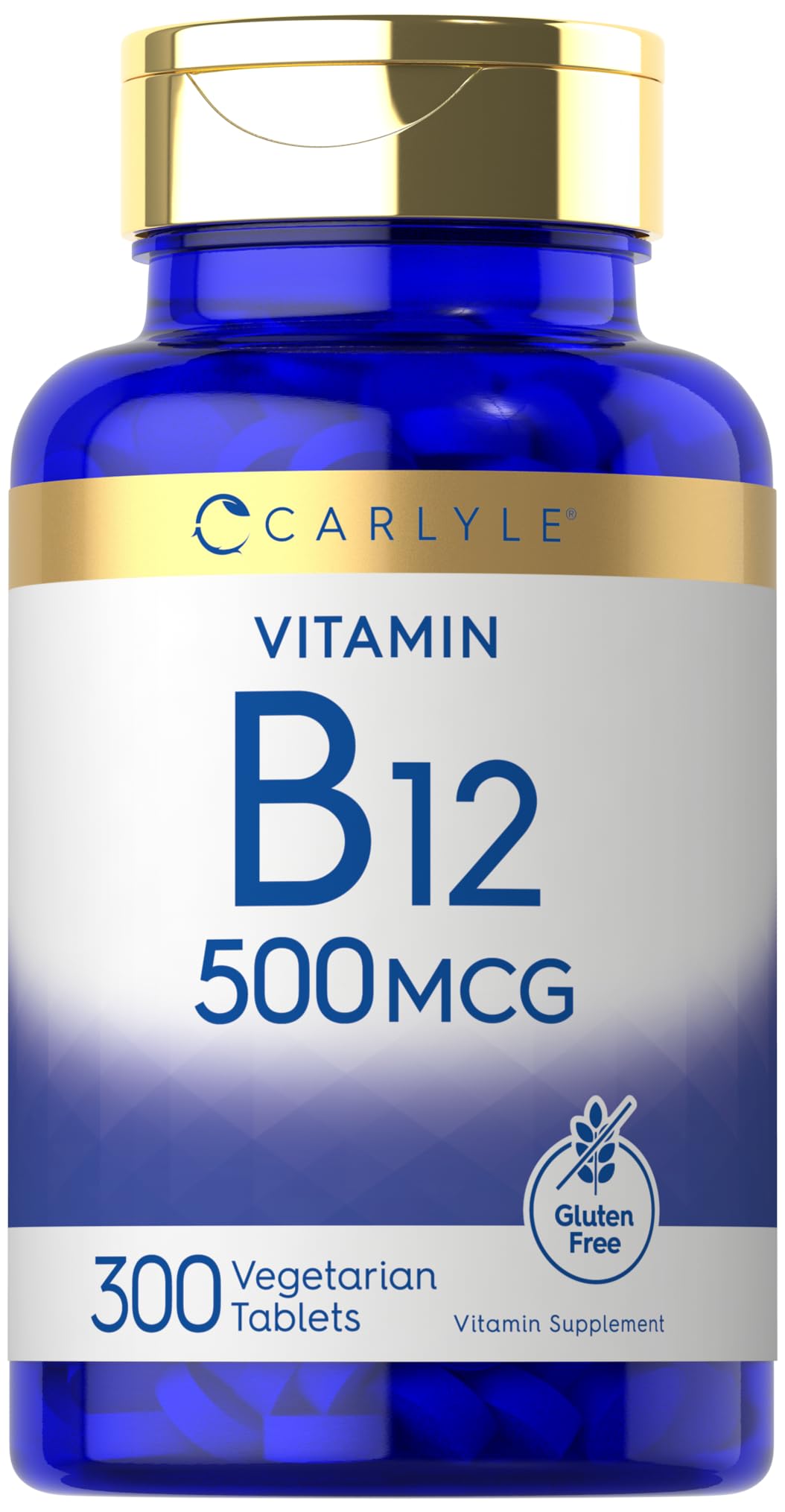 Carlyle Vitamin B-12 500mcg bottle supports daily wellness in a vegetarian formula.