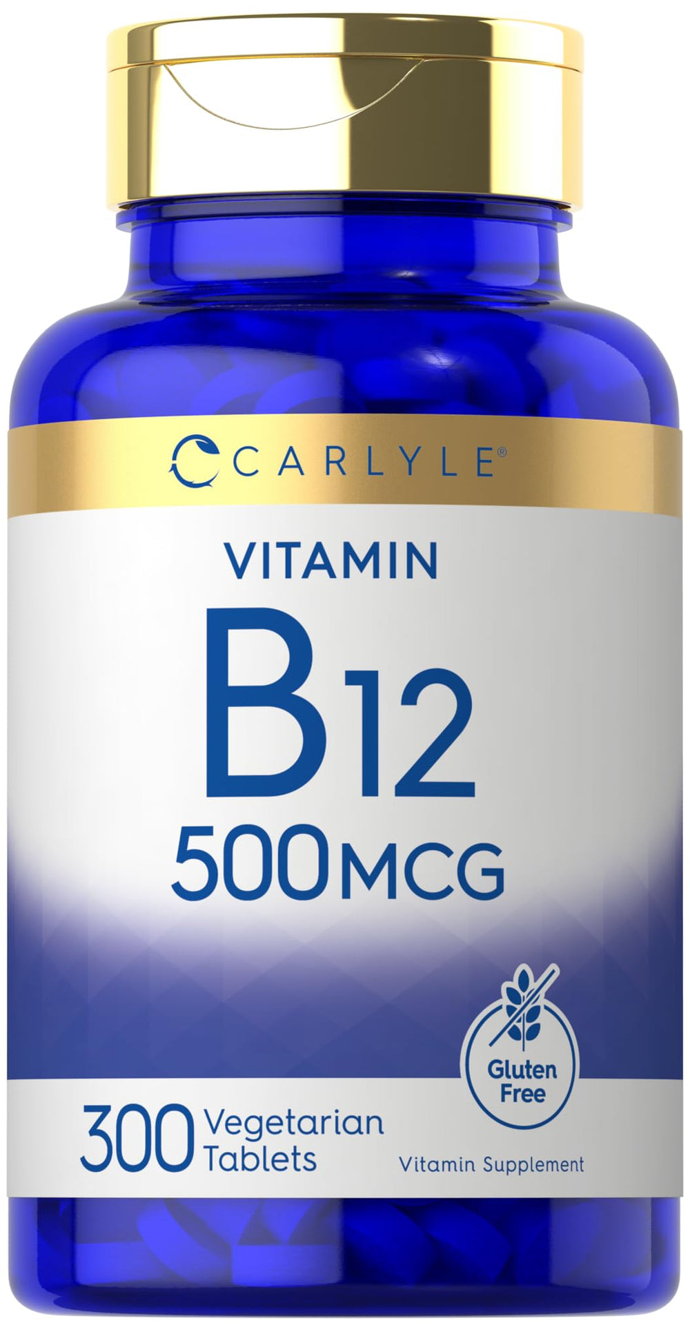 Carlyle Vitamin B-12 500mcg bottle supports daily wellness in a vegetarian formula.