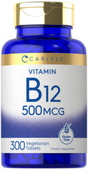 Carlyle Vitamin B-12 500mcg bottle supports daily wellness in a vegetarian formula.