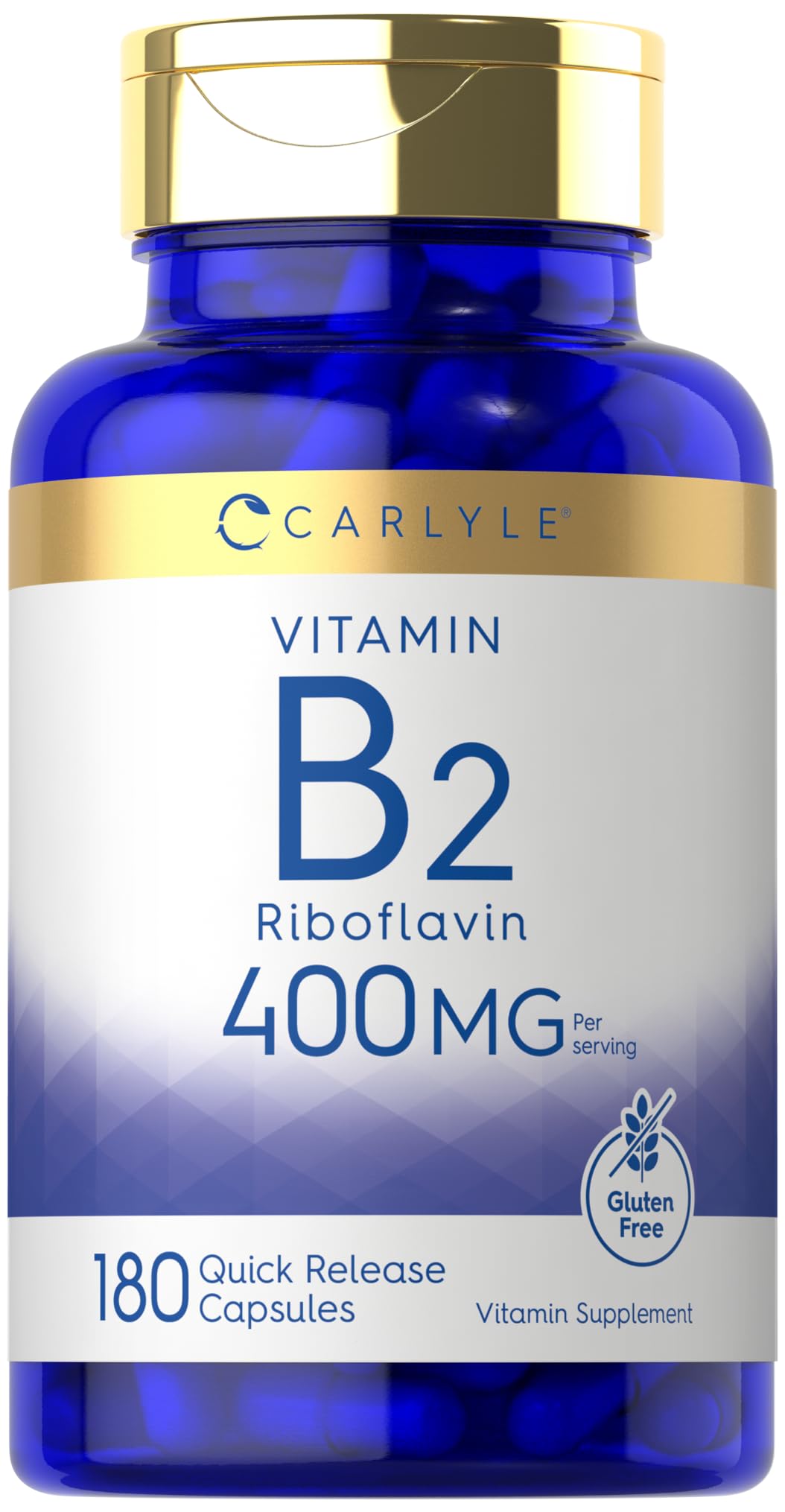 Carlyle Vitamin B-2 400mg bottle front shows label and non-GMO claim