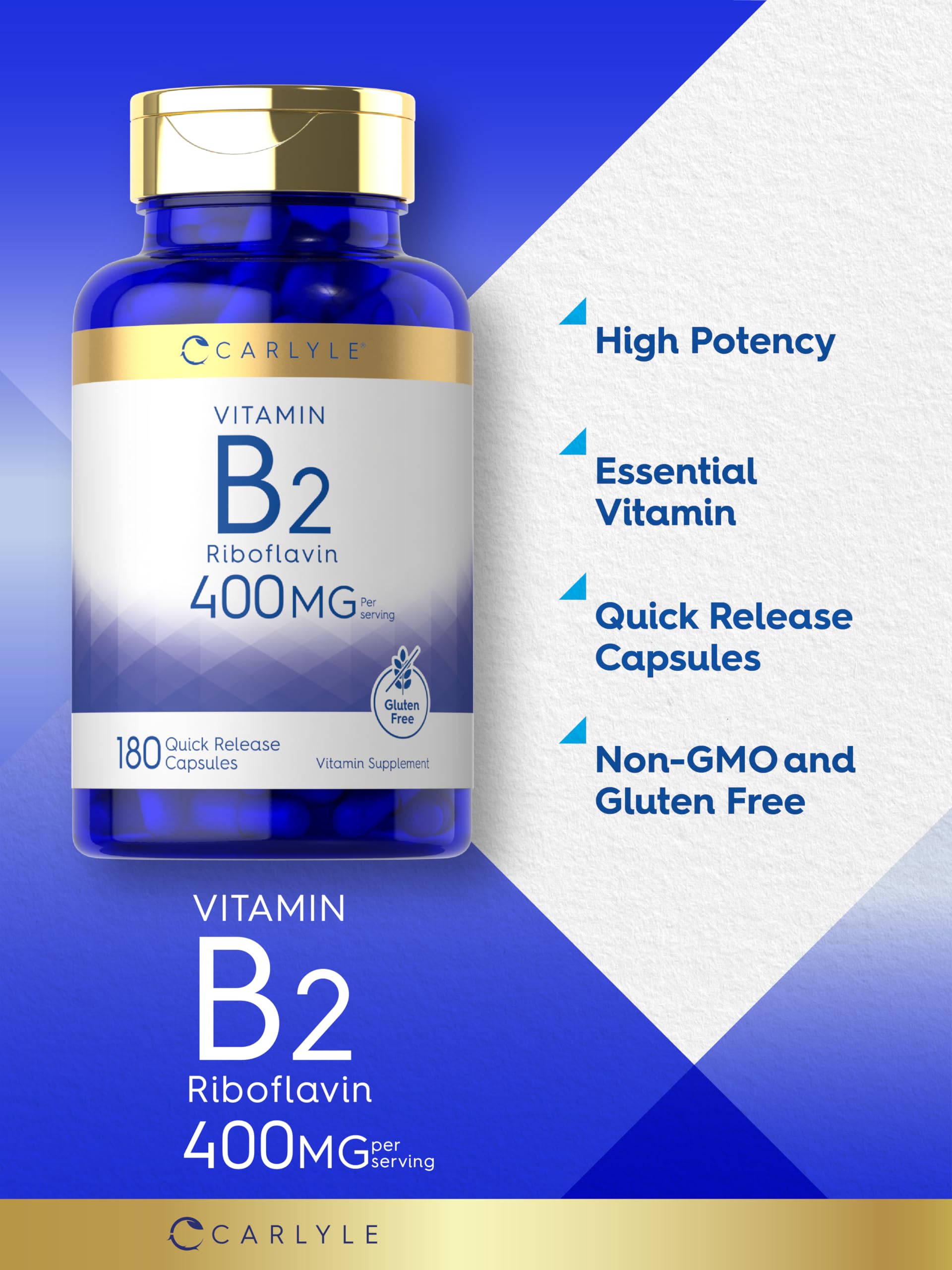 Carlyle Vitamin B-2 400mg bottle pour demonstrates easy daily dosing