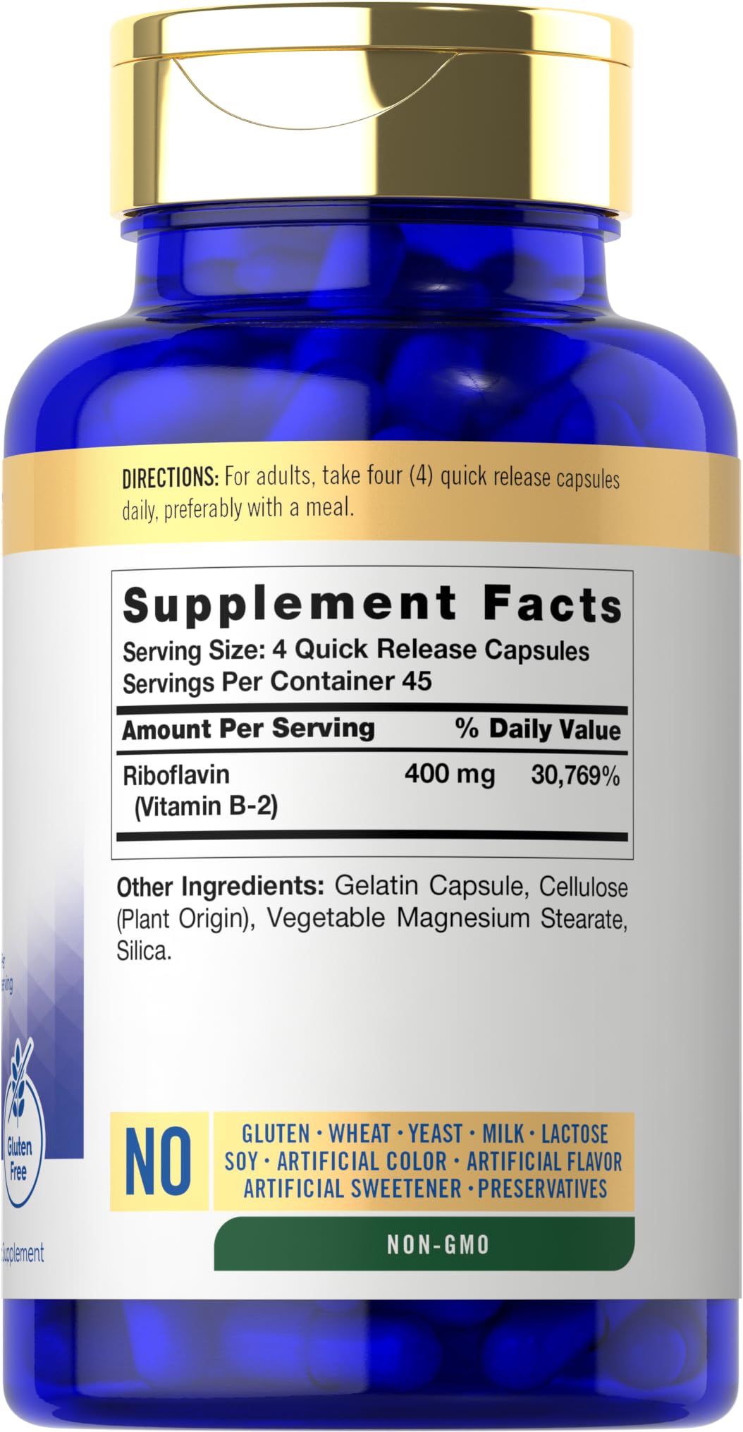 Carlyle Vitamin B-2 400mg bottle side highlights gluten-free formula