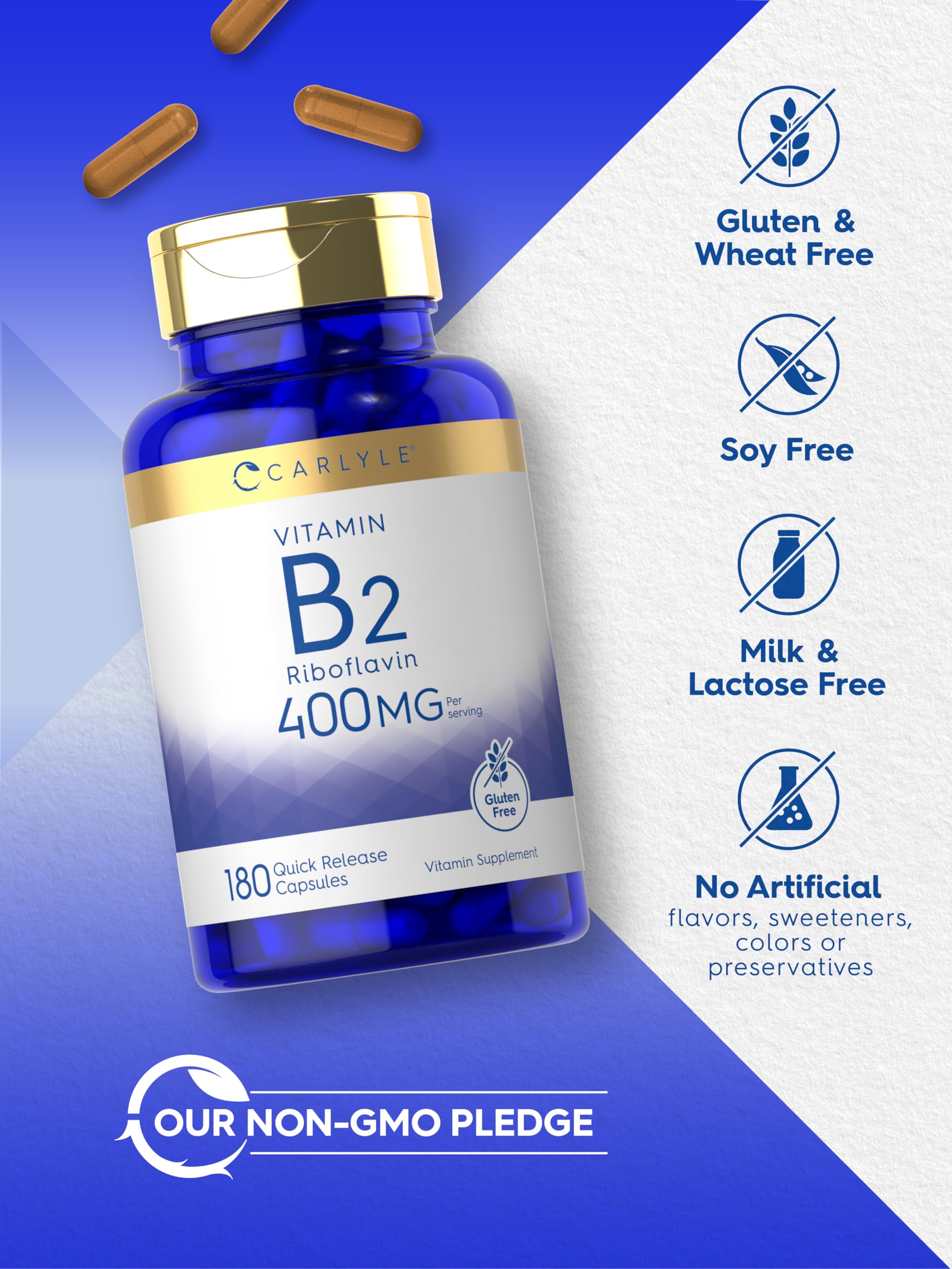Carlyle Vitamin B-2 400mg capsules close-up for daily supplement routine