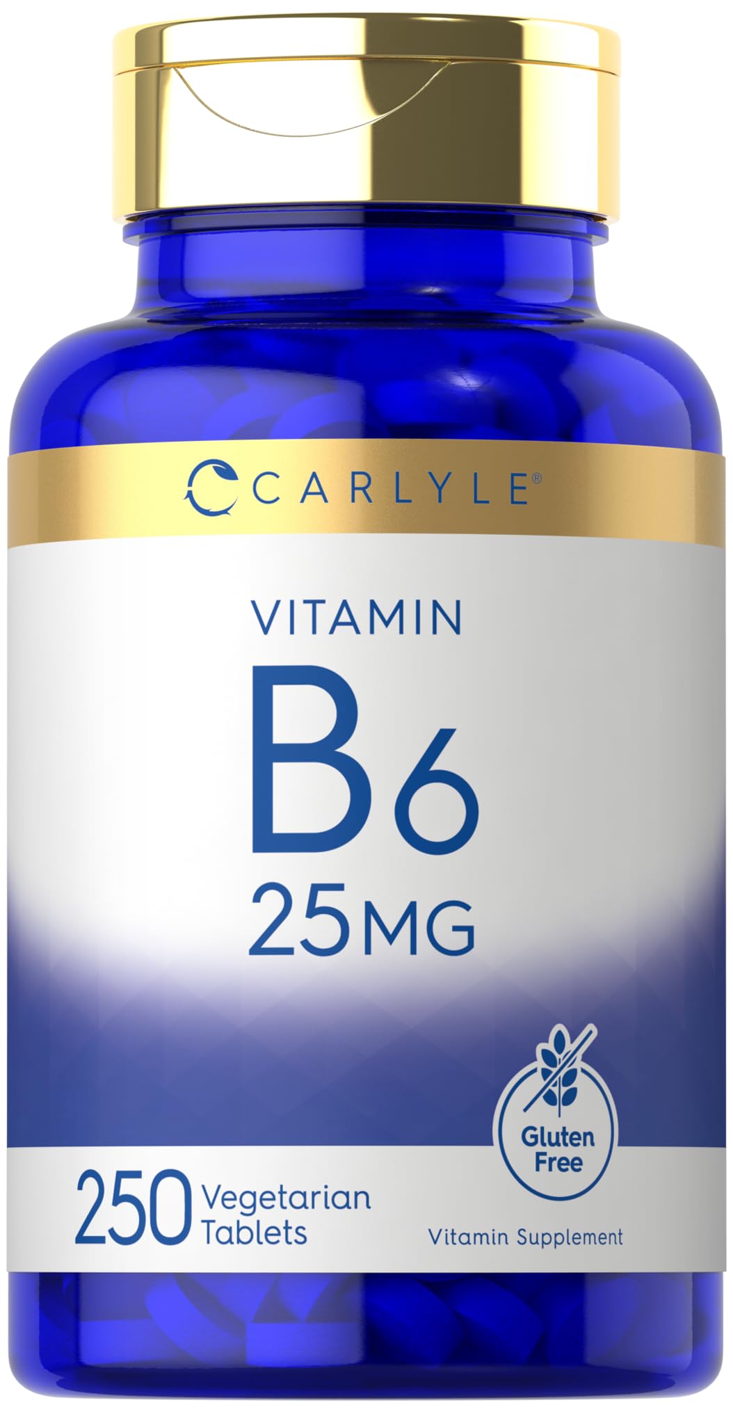 Carlyle Vitamin B6 25 mg bottle pour for daily supplement convenience.