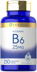 Carlyle Vitamin B6 25 mg bottle pour for daily supplement convenience.