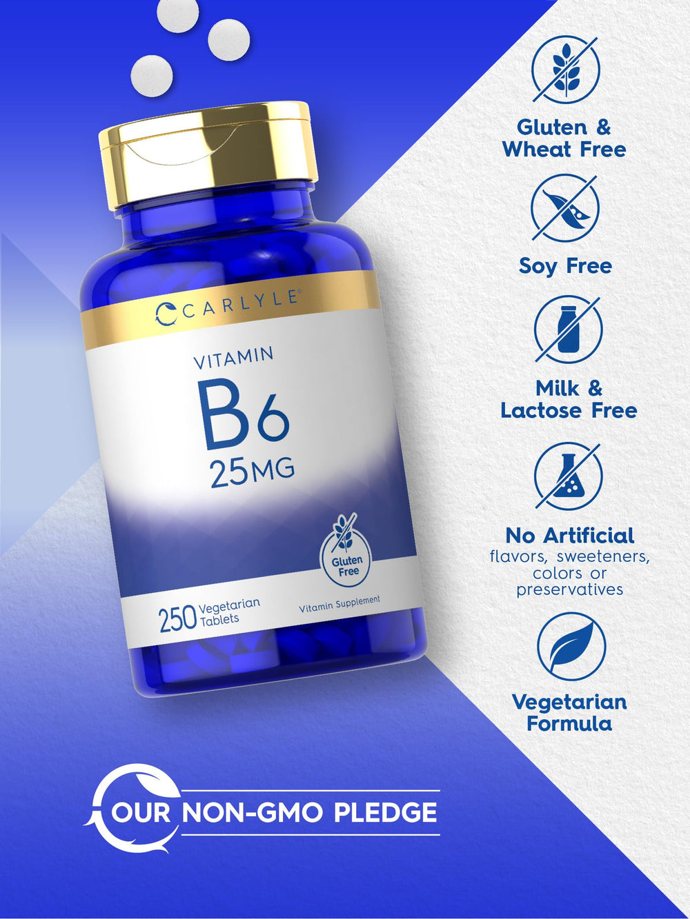 Carlyle Vitamin B6 25 mg bottle with gluten-free seal for dietary needs.