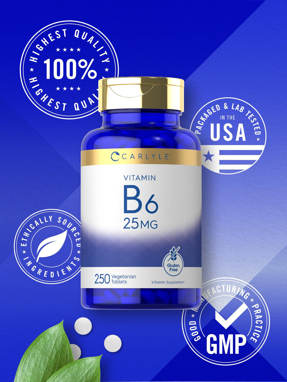Carlyle Vitamin B6 25 mg packaging featuring Non-GMO status.