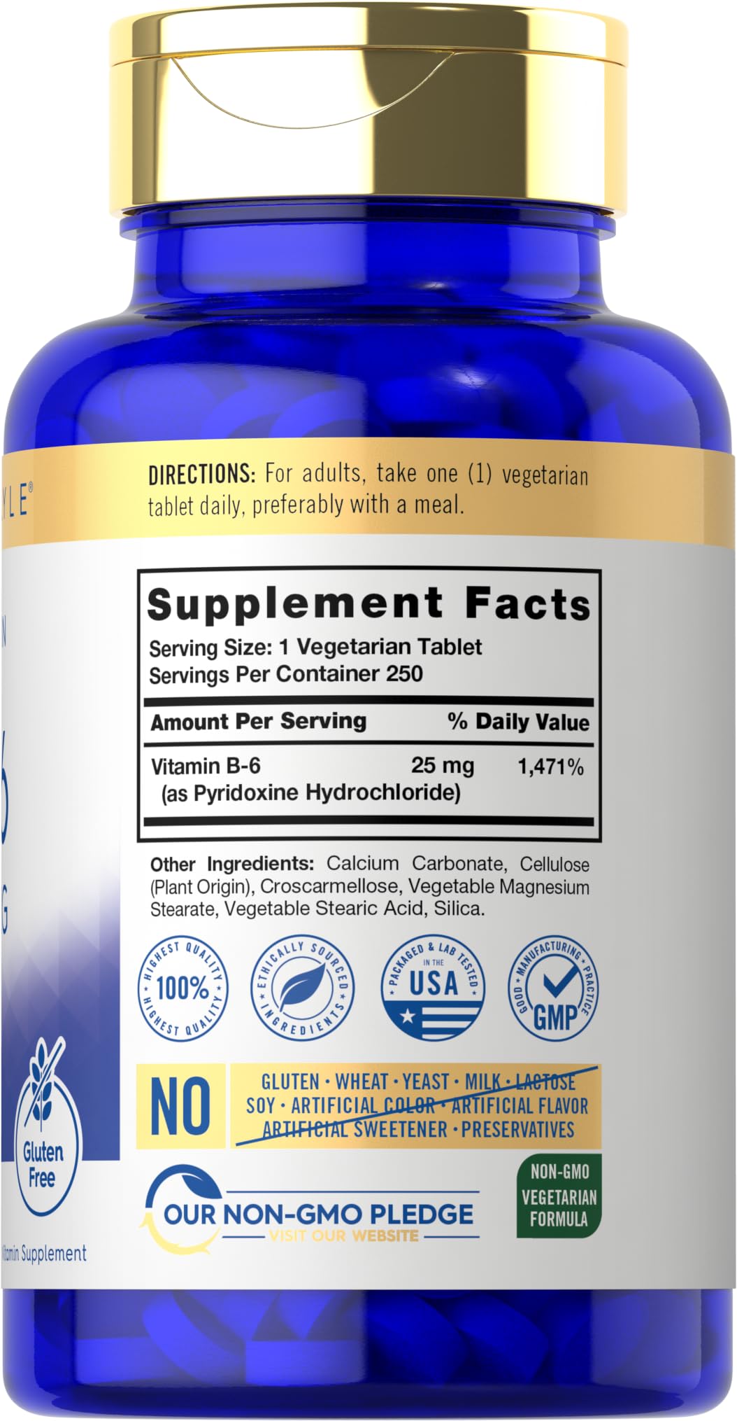 Close-up of Carlyle Vitamin B6 25 mg tablets highlighting vegetarian formula.