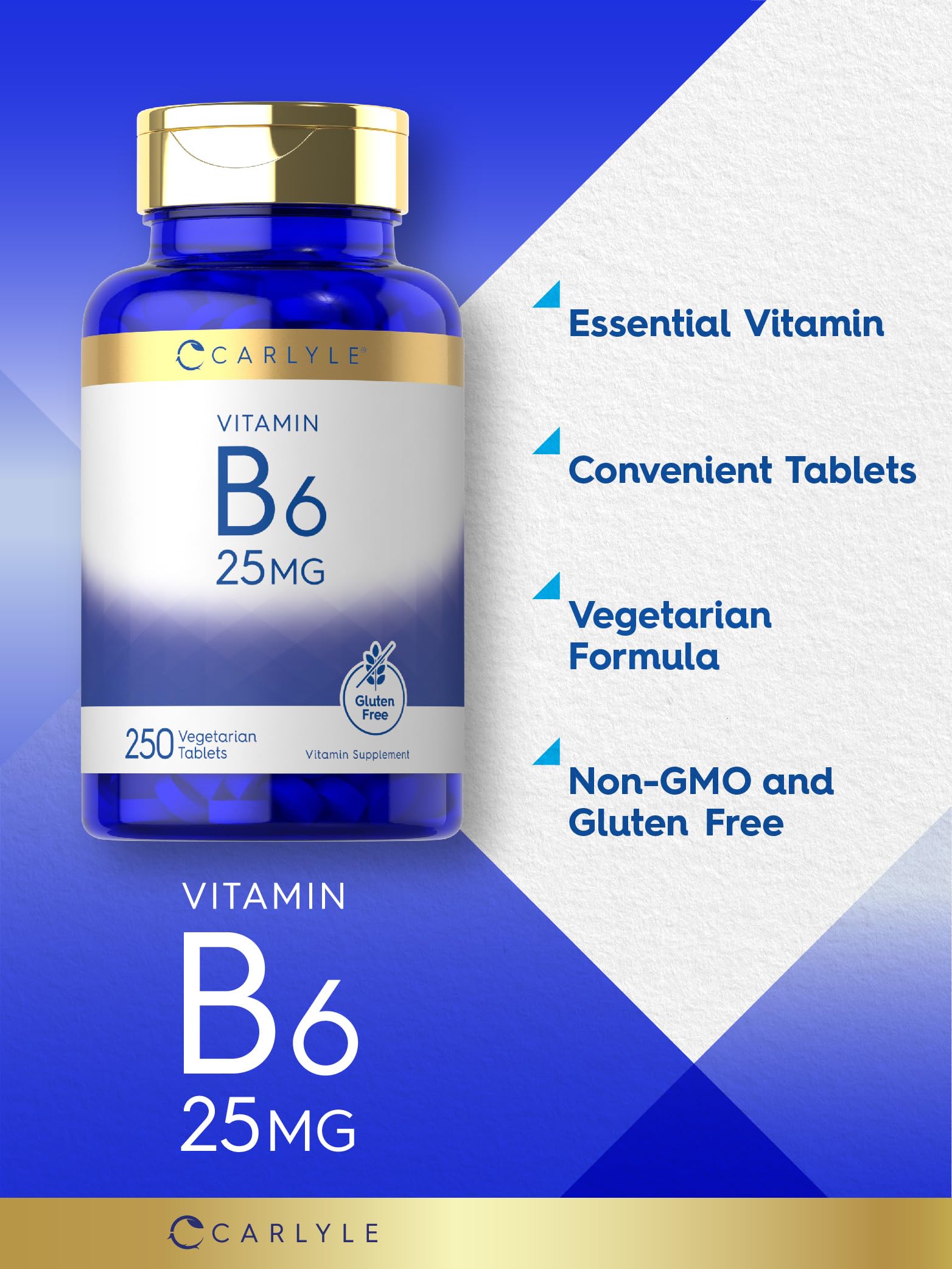 Carlyle Vitamin B6 25 mg label showing gluten-free and Non-GMO features.