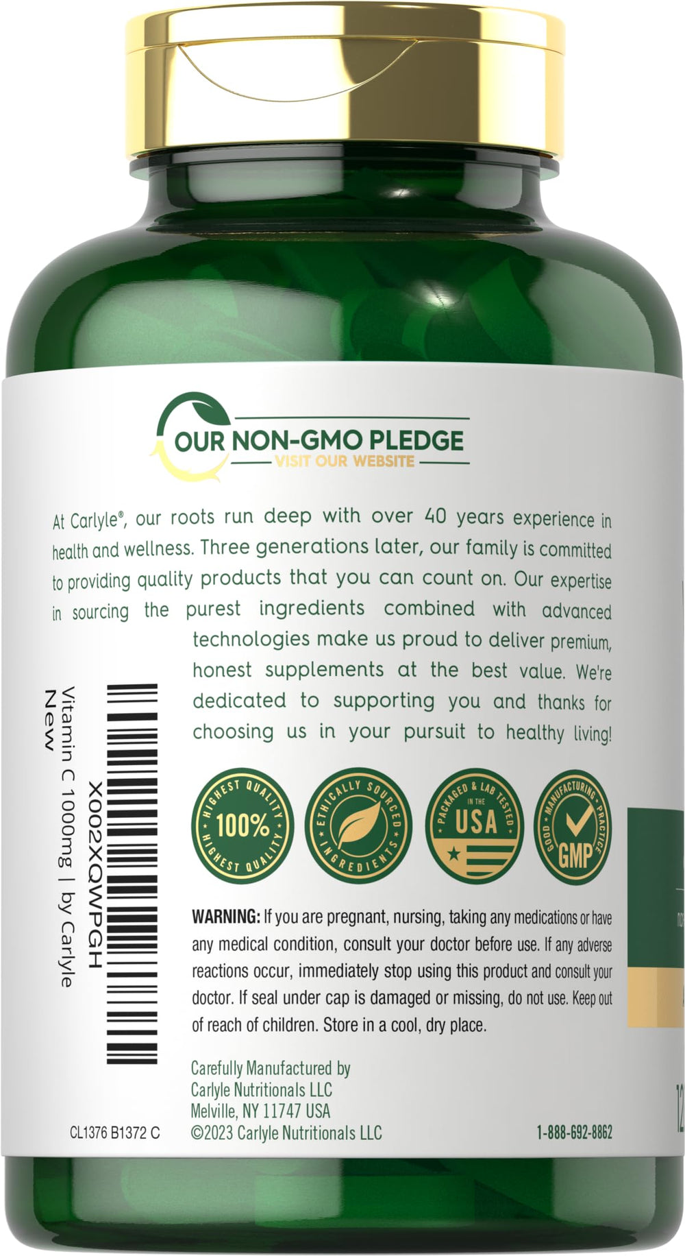 Pouring Carlyle Vitamin C 1000mg bottle to illustrate easy daily intake
