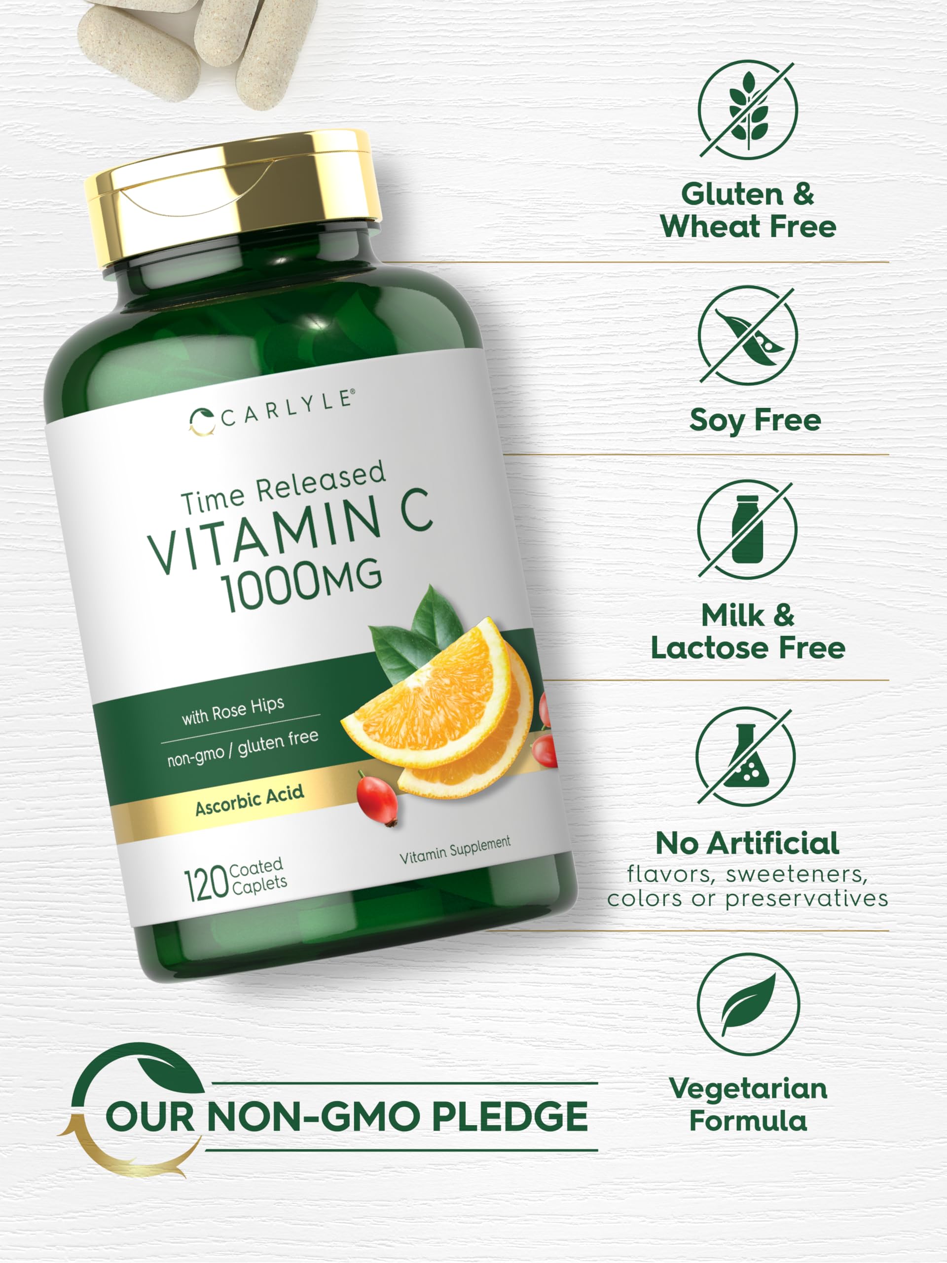 Vegetarian caplets from Carlyle Vitamin C 1000mg ready for plant-based routines