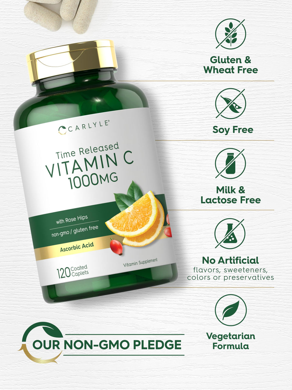 Vegetarian caplets from Carlyle Vitamin C 1000mg ready for plant-based routines