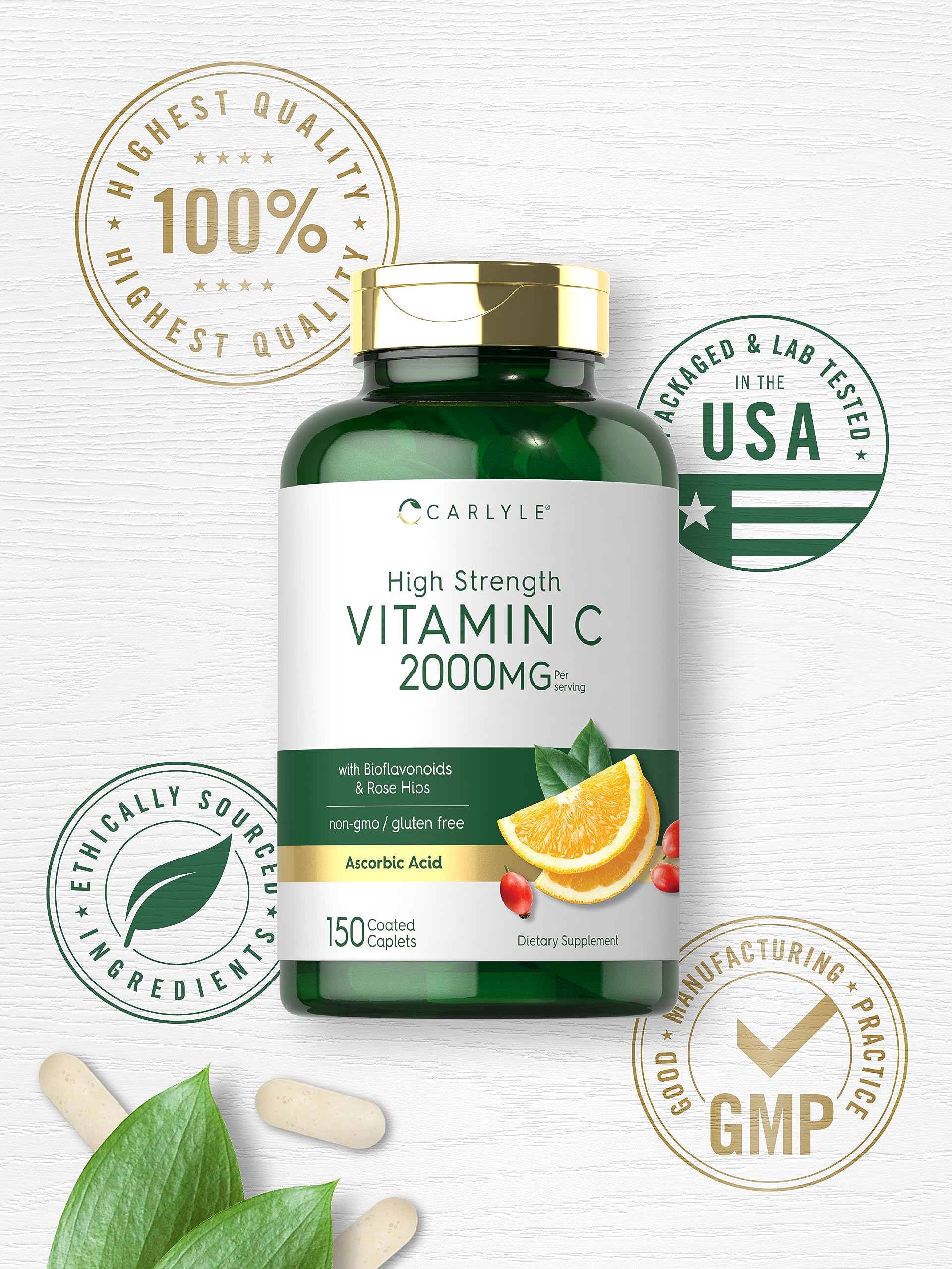 Close-up of Carlyle Vitamin C 2000mg caplets texture for easy swallowing.