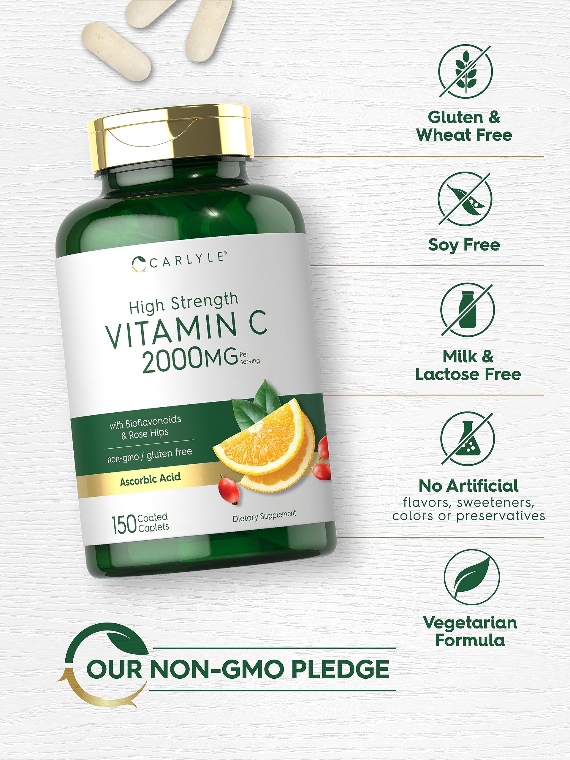 Gluten-free and non-GMO label on Carlyle Vitamin C 2000mg packaging.