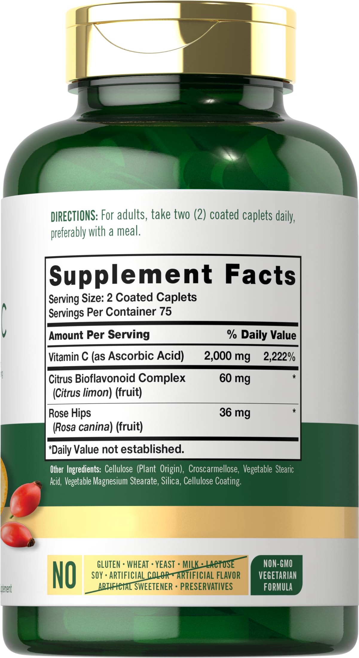 Close-up of rose hips inside Carlyle Vitamin C 2000mg bottle.