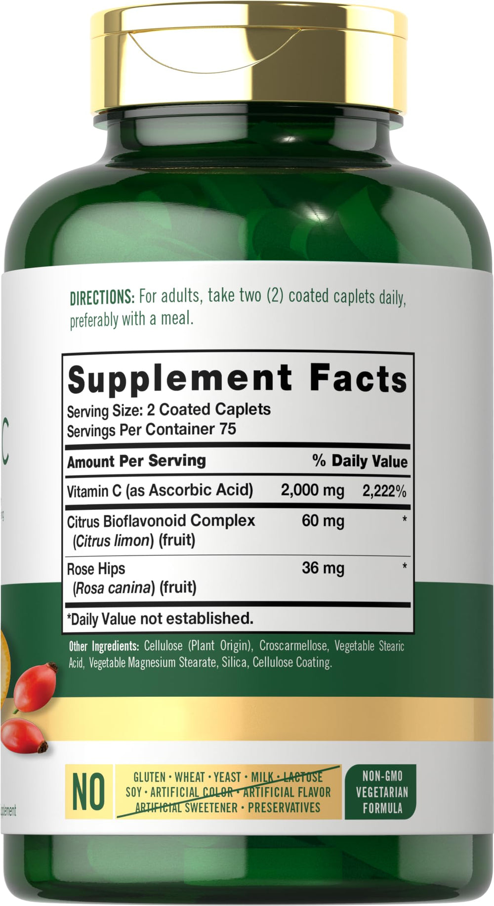 Close-up of rose hips inside Carlyle Vitamin C 2000mg bottle.