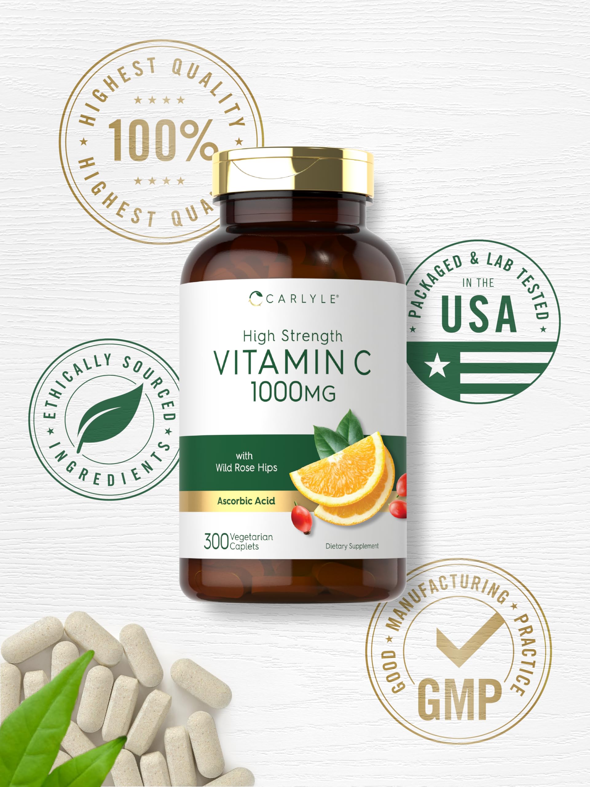 Gluten-free and non-GMO icons on Carlyle Vitamin C caplets bottle.