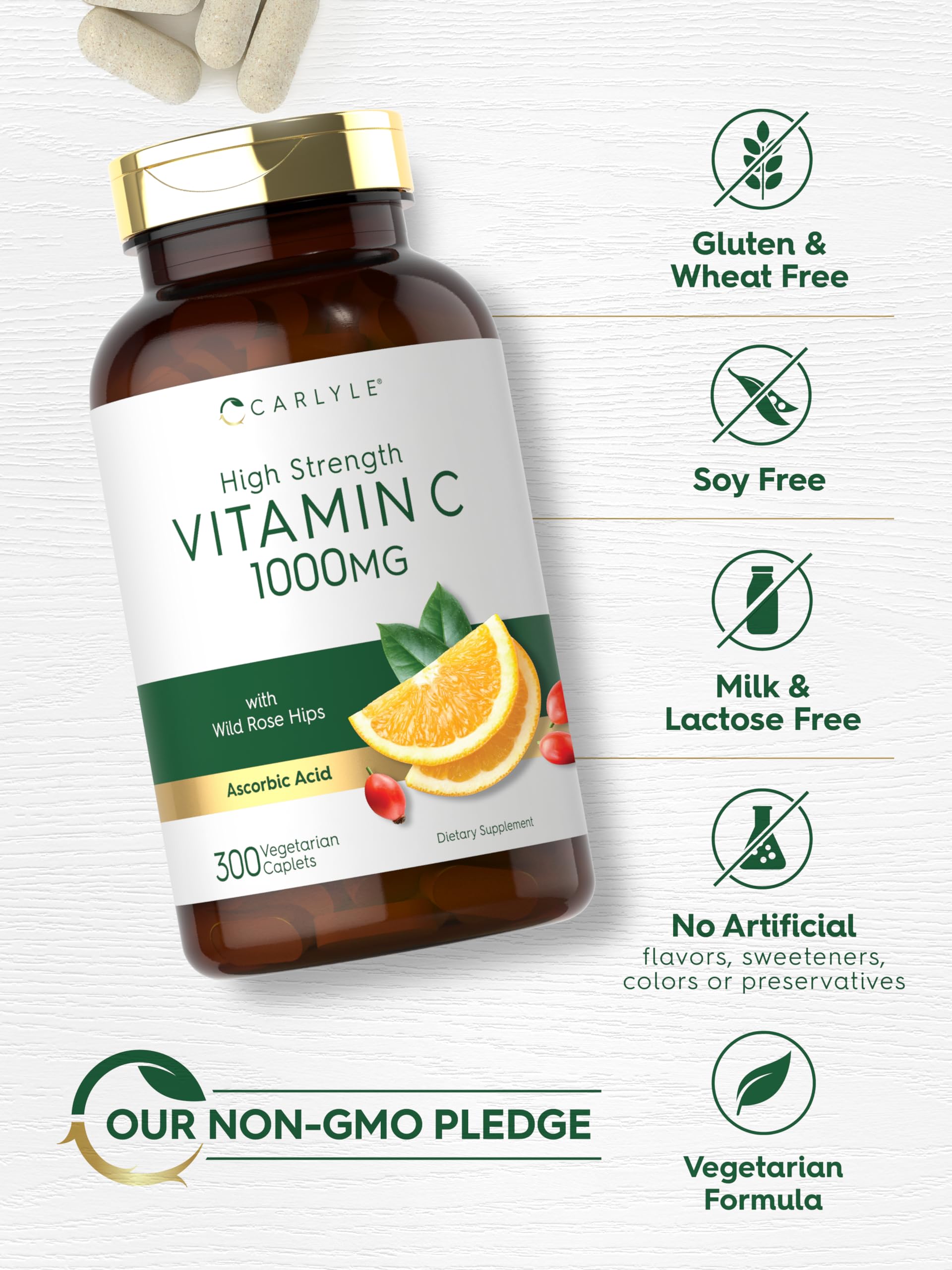 Laboratory-tested ingredients seal on Carlyle Vitamin C bottle.