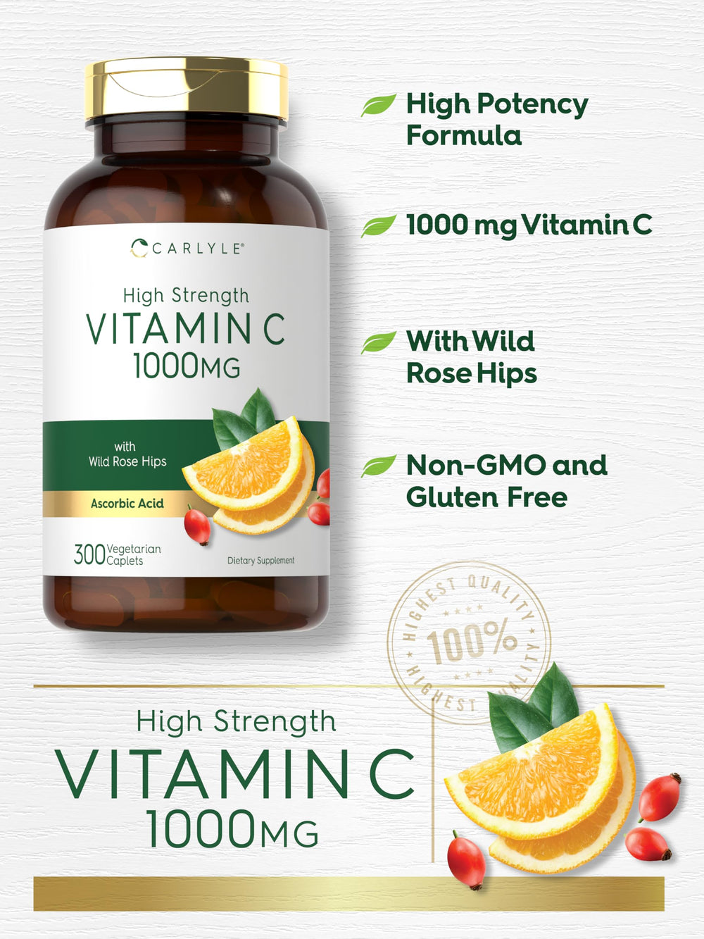 Rose hips on Carlyle Vitamin C label highlighting vegetarian formula.