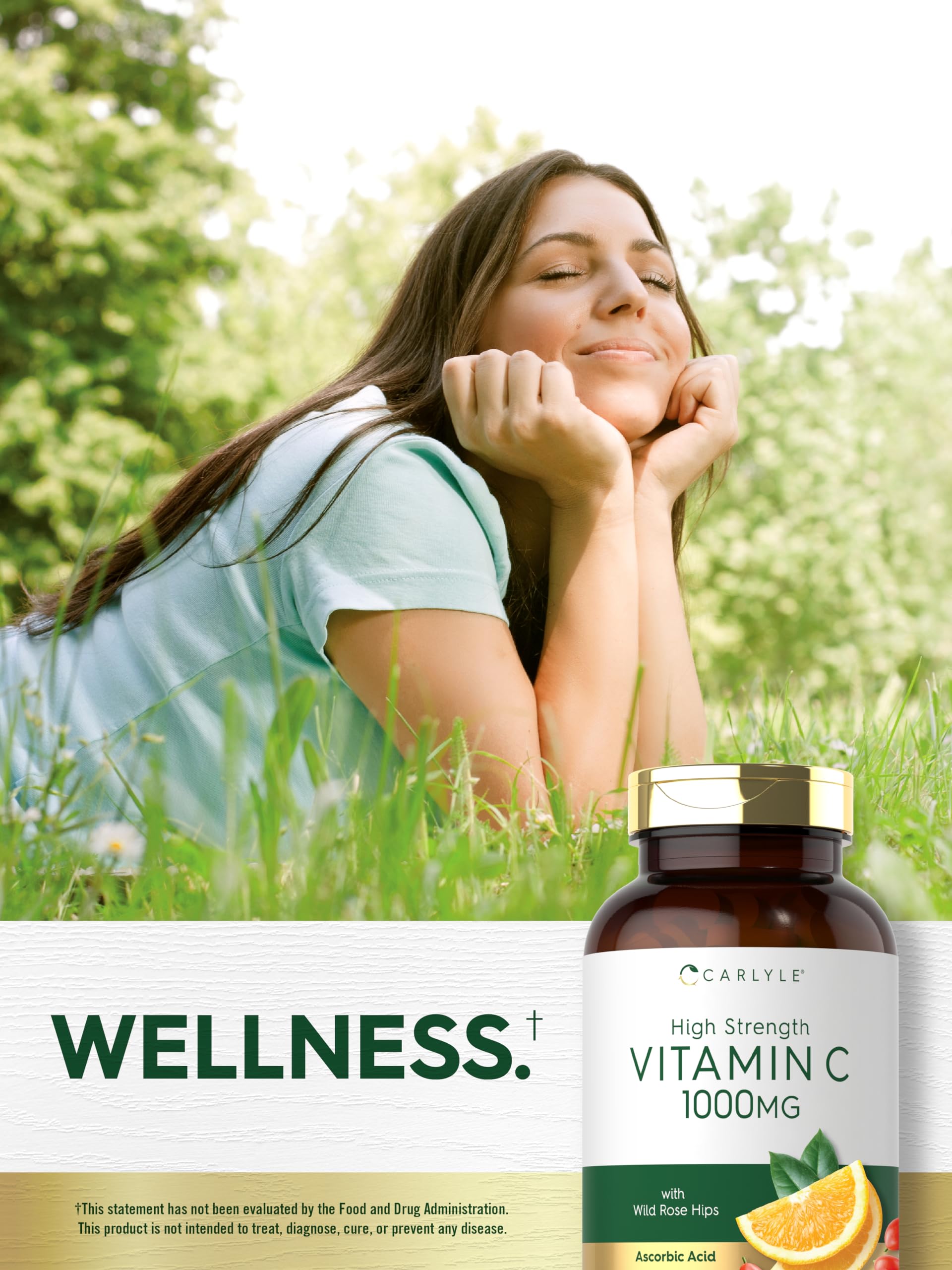 Two Carlyle Vitamin C caplets beside a glass of water for easy intake.