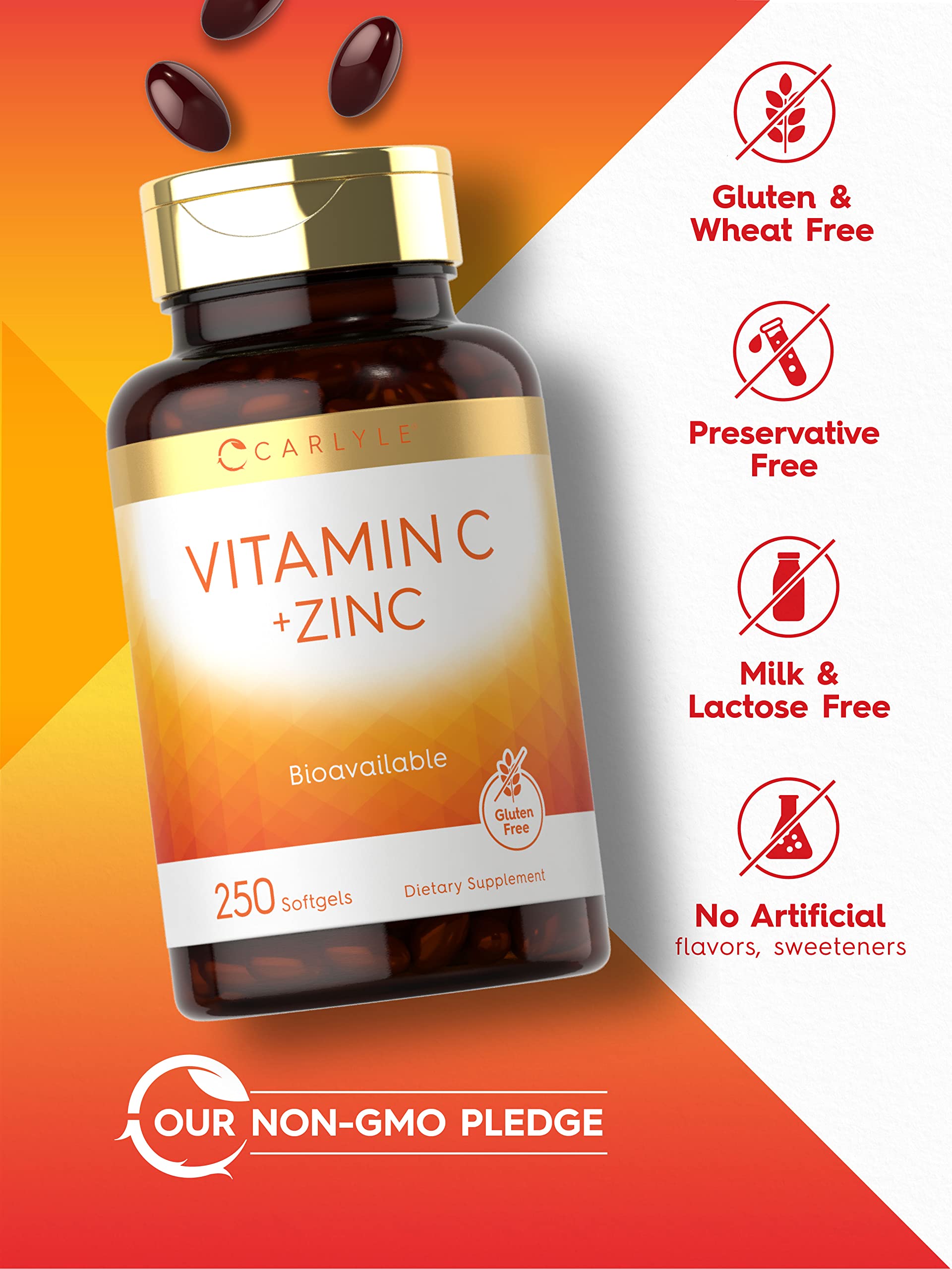 Carlyle Vitamin C with Zinc bottle cap image emphasizing easy daily use.