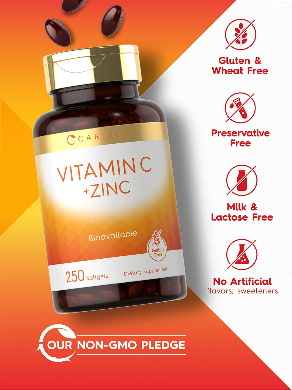 Carlyle Vitamin C with Zinc bottle cap image emphasizing easy daily use.