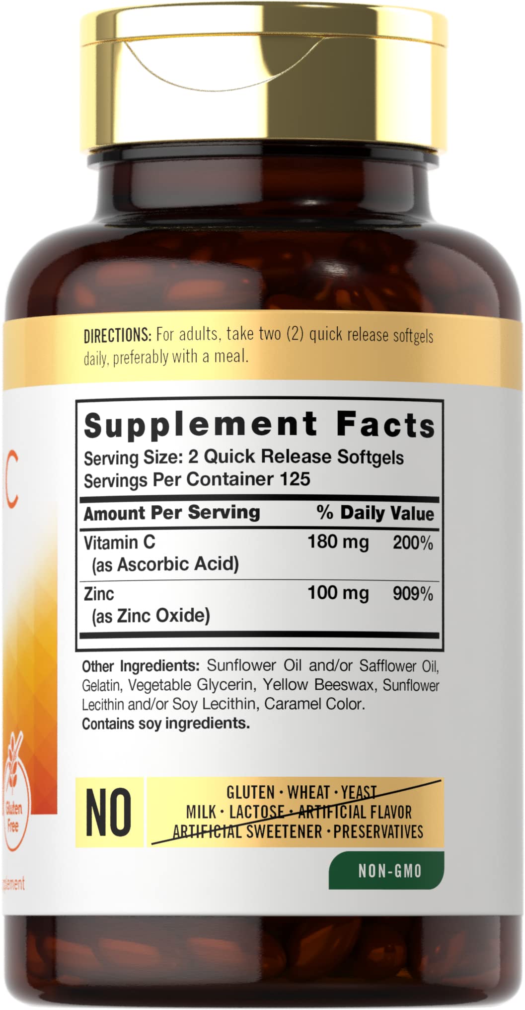 Carlyle Vitamin C with Zinc label close-up highlighting gluten-free, non-GMO ingredients.