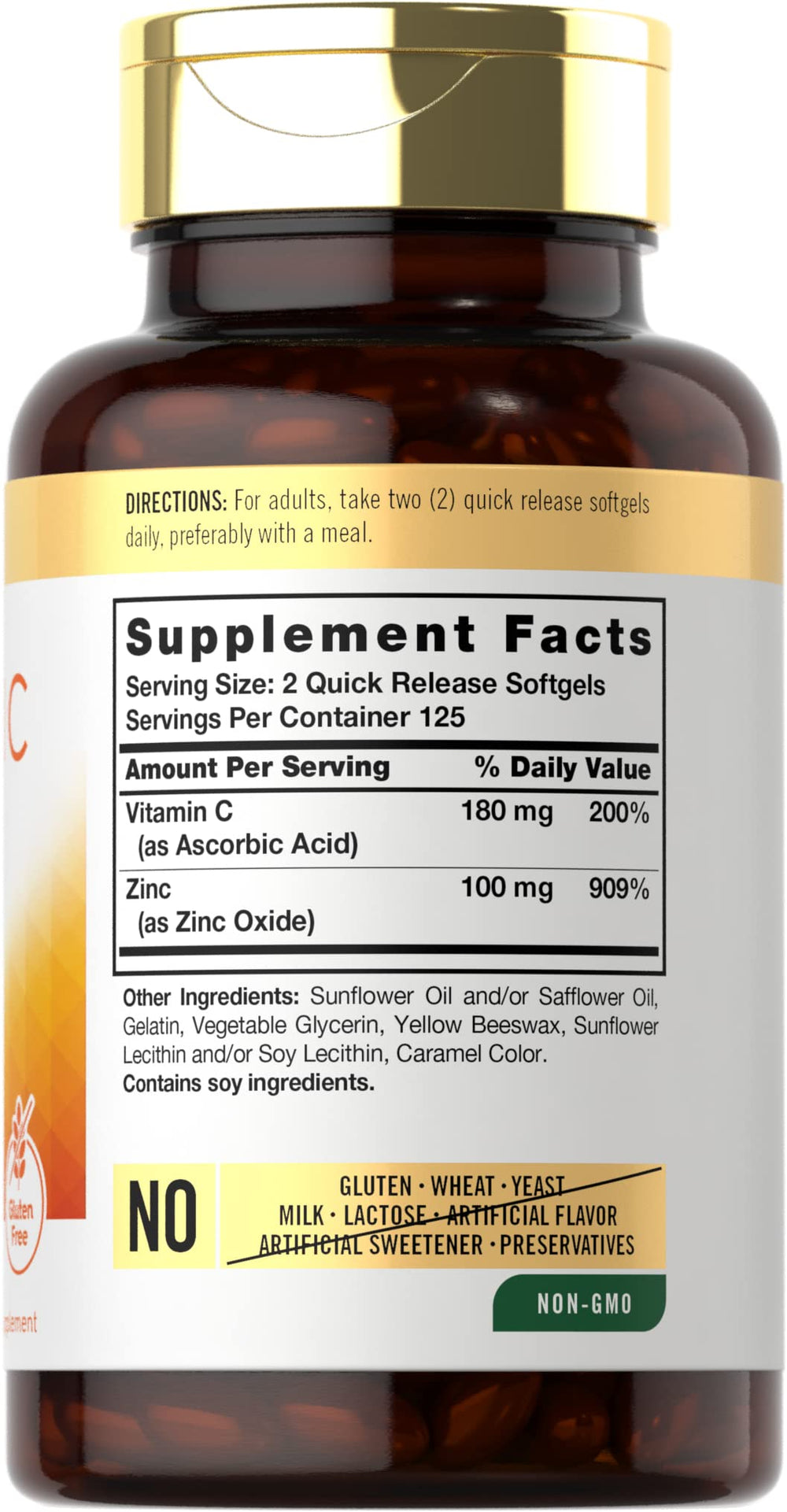 Carlyle Vitamin C with Zinc label close-up highlighting gluten-free, non-GMO ingredients.