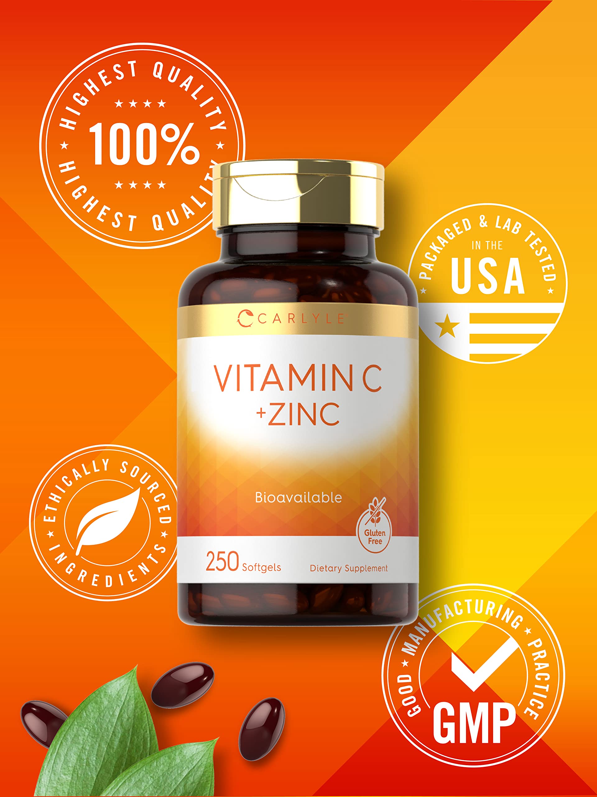Carlyle Vitamin C with Zinc packaging photo featuring non-GMO labeling.