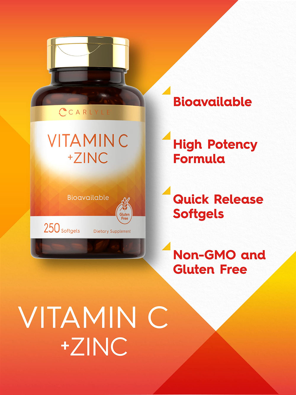 Carlyle Vitamin C with Zinc softgels close-up displaying uniform capsules and dosing clarity.
