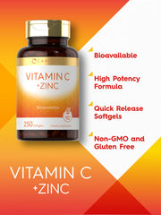 Carlyle Vitamin C with Zinc softgels close-up displaying uniform capsules and dosing clarity.