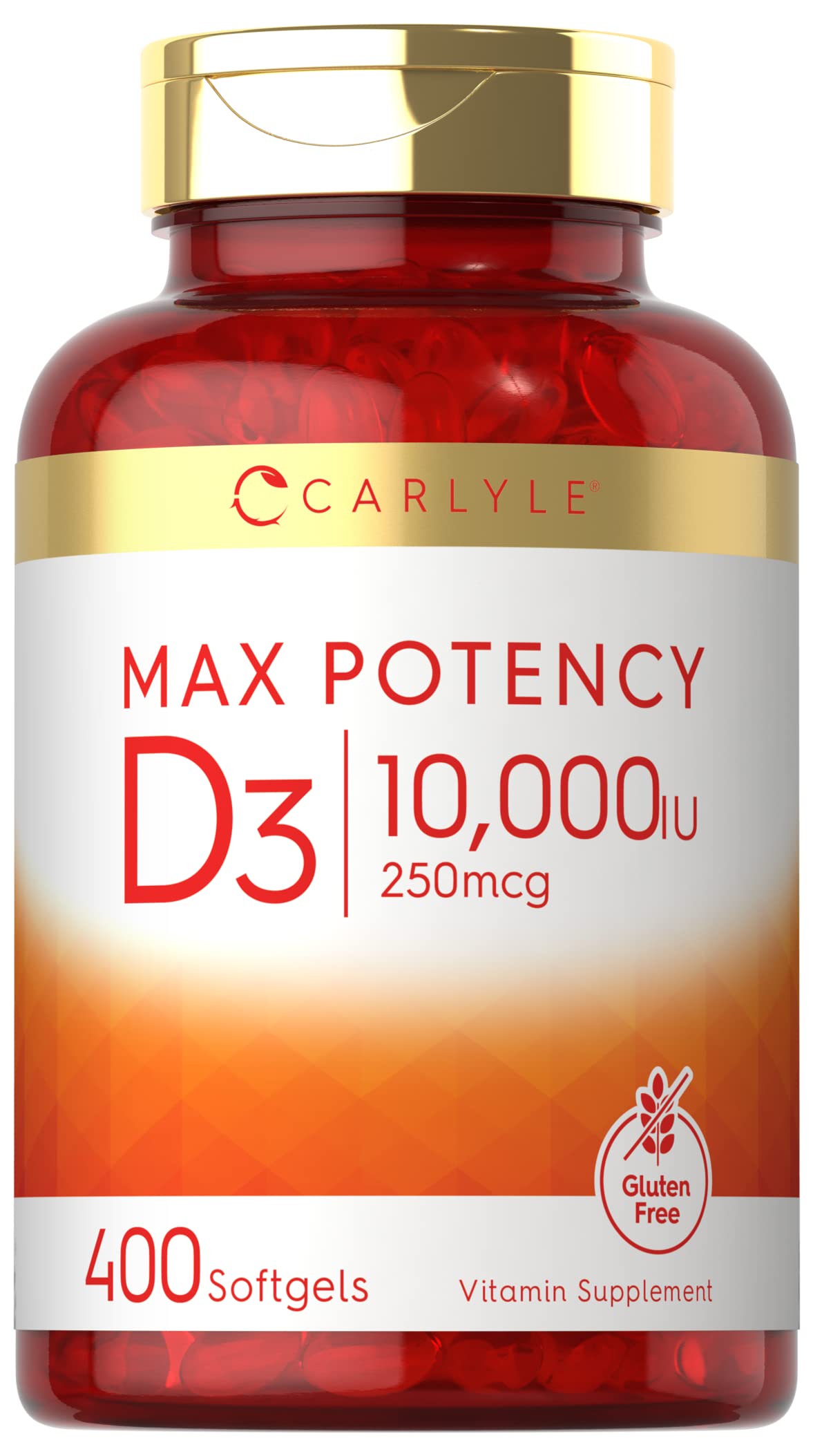 Carlyle Vitamin D 10000 IU softgels bottle for daily wellness.