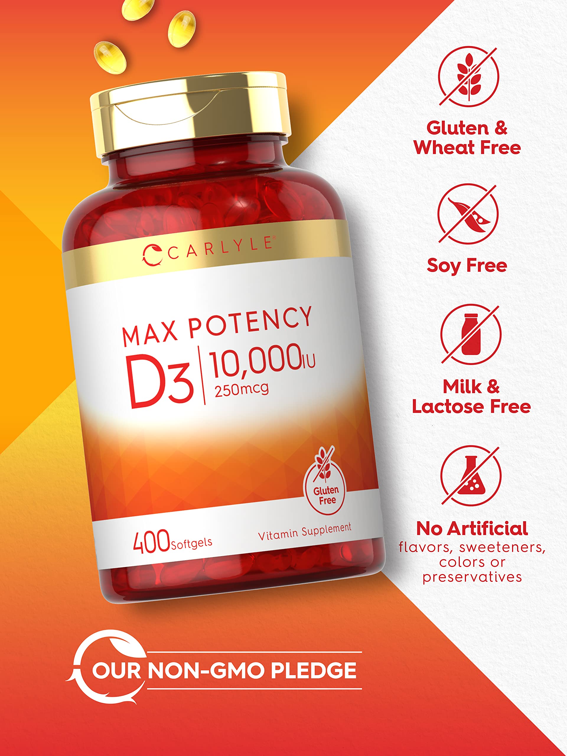 Carlyle Vitamin D3 softgels dispensing bottle for daily intake.
