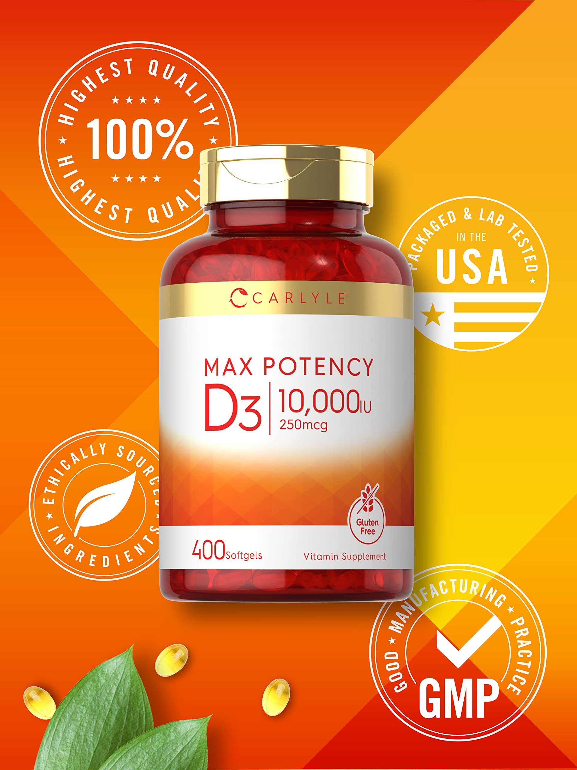 Carlyle Vitamin D3 glass bottle highlighting premium packaging.
