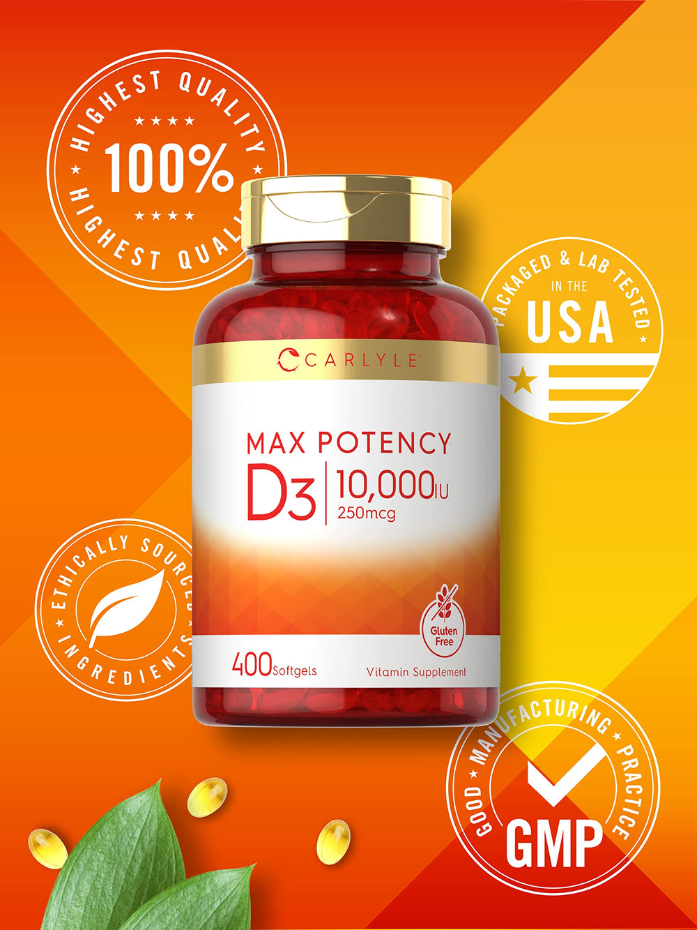Carlyle Vitamin D3 glass bottle highlighting premium packaging.