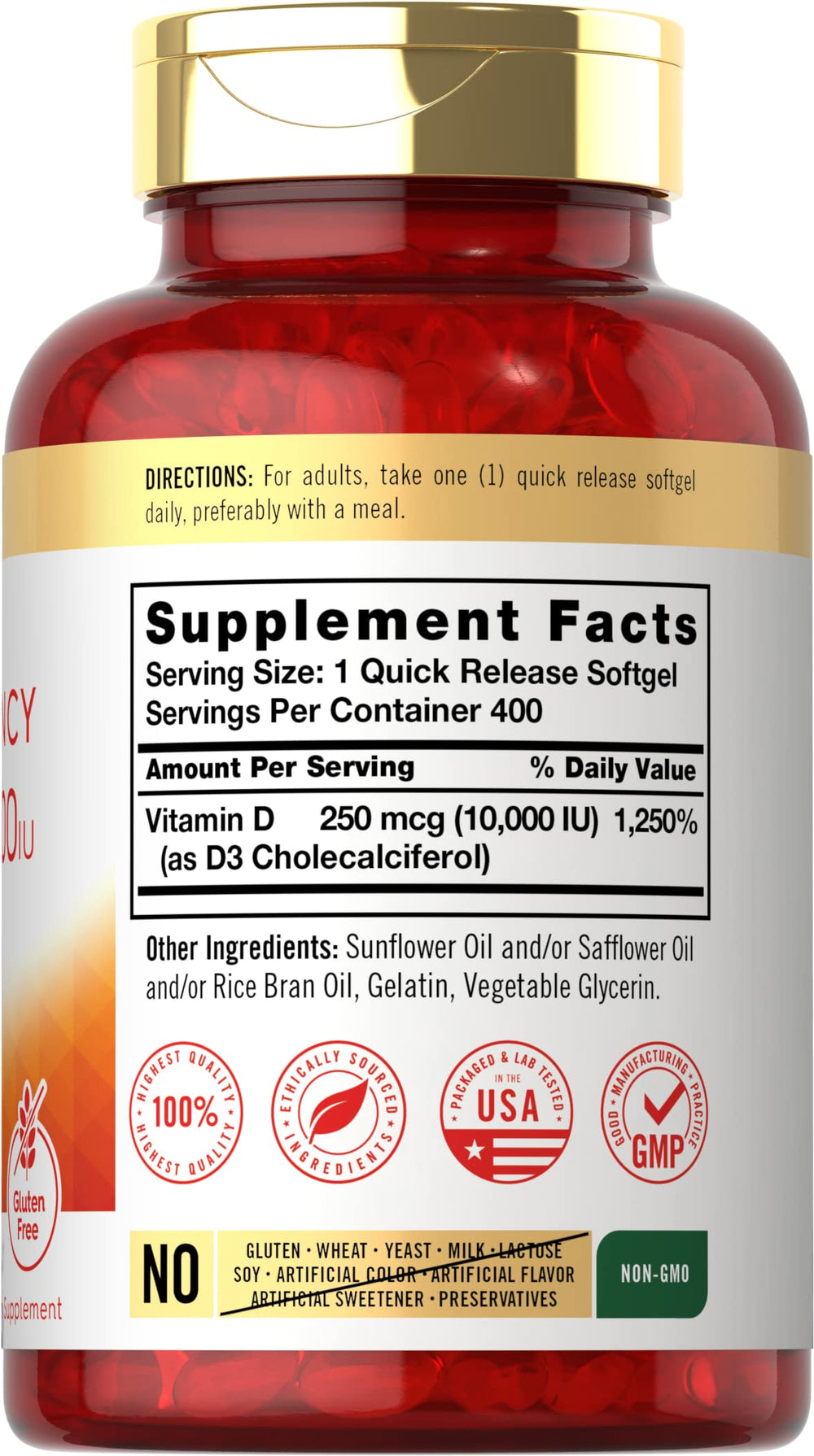 Carlyle Vitamin D3 softgels close-up on potency label.