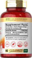 Carlyle Vitamin D3 softgels close-up on potency label.